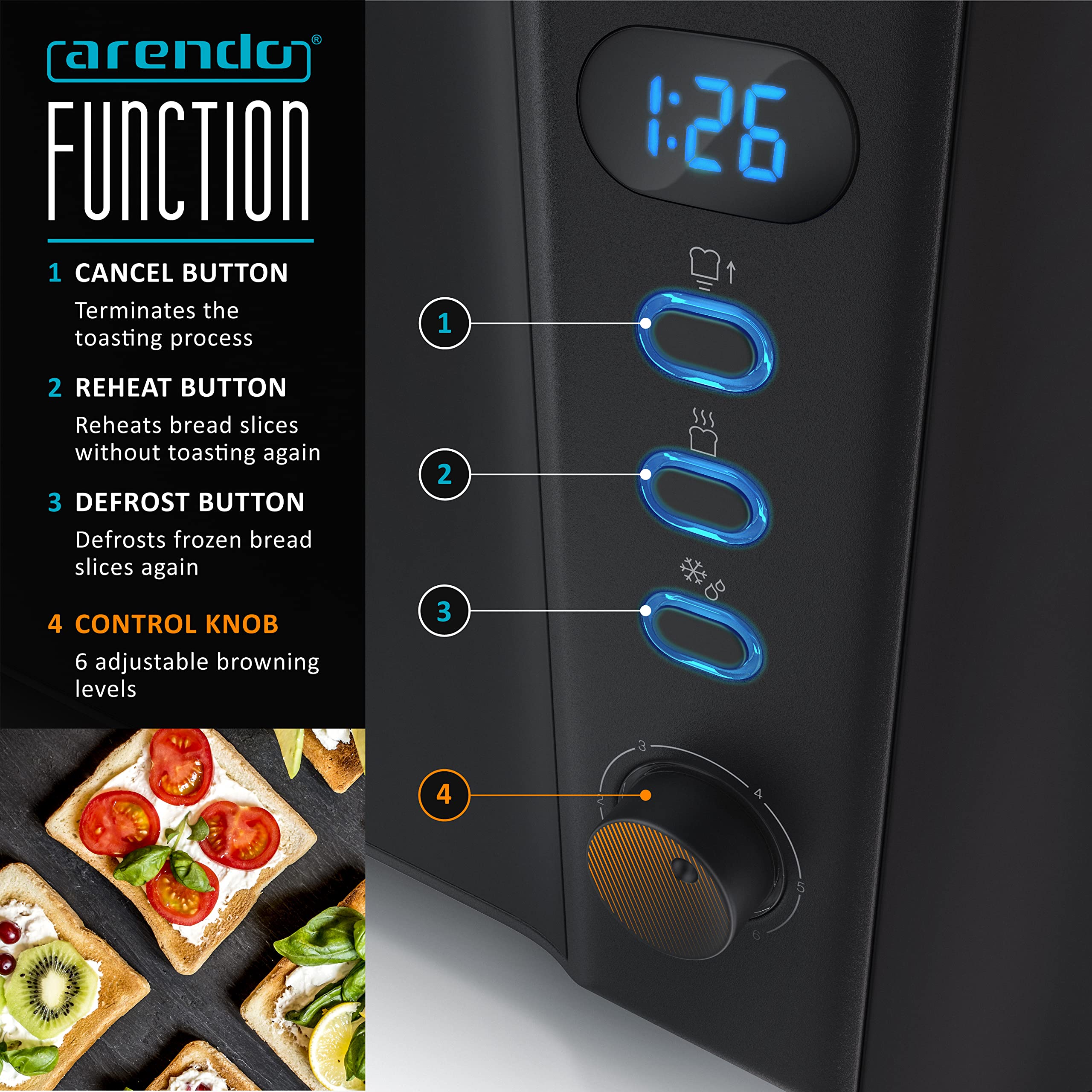 Arendo Frukost 4-Slice Long Slot Toaster | Stainless Steel with Timer