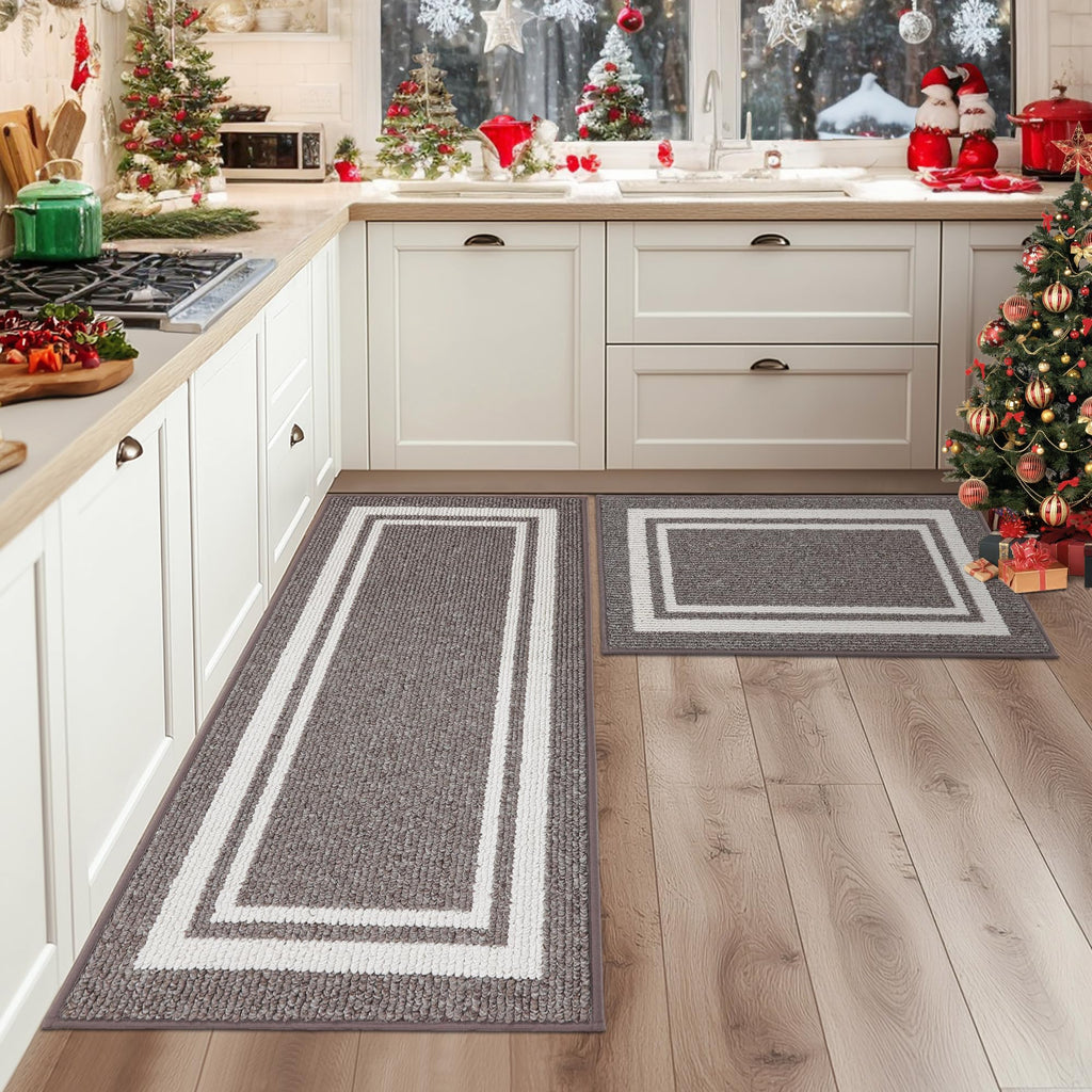 COSY HOMEER Kitchen Rugs 2-Piece Set | Non-Slip Washable Floor Mats – Grey