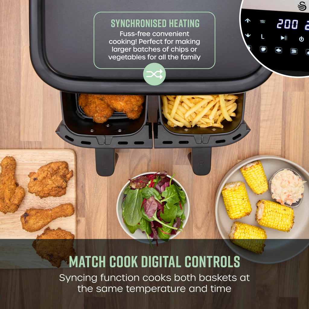 Swan Dual Basket Digital Air Fryer | 7.6L 8-in-1 Cyclone Tech – Black