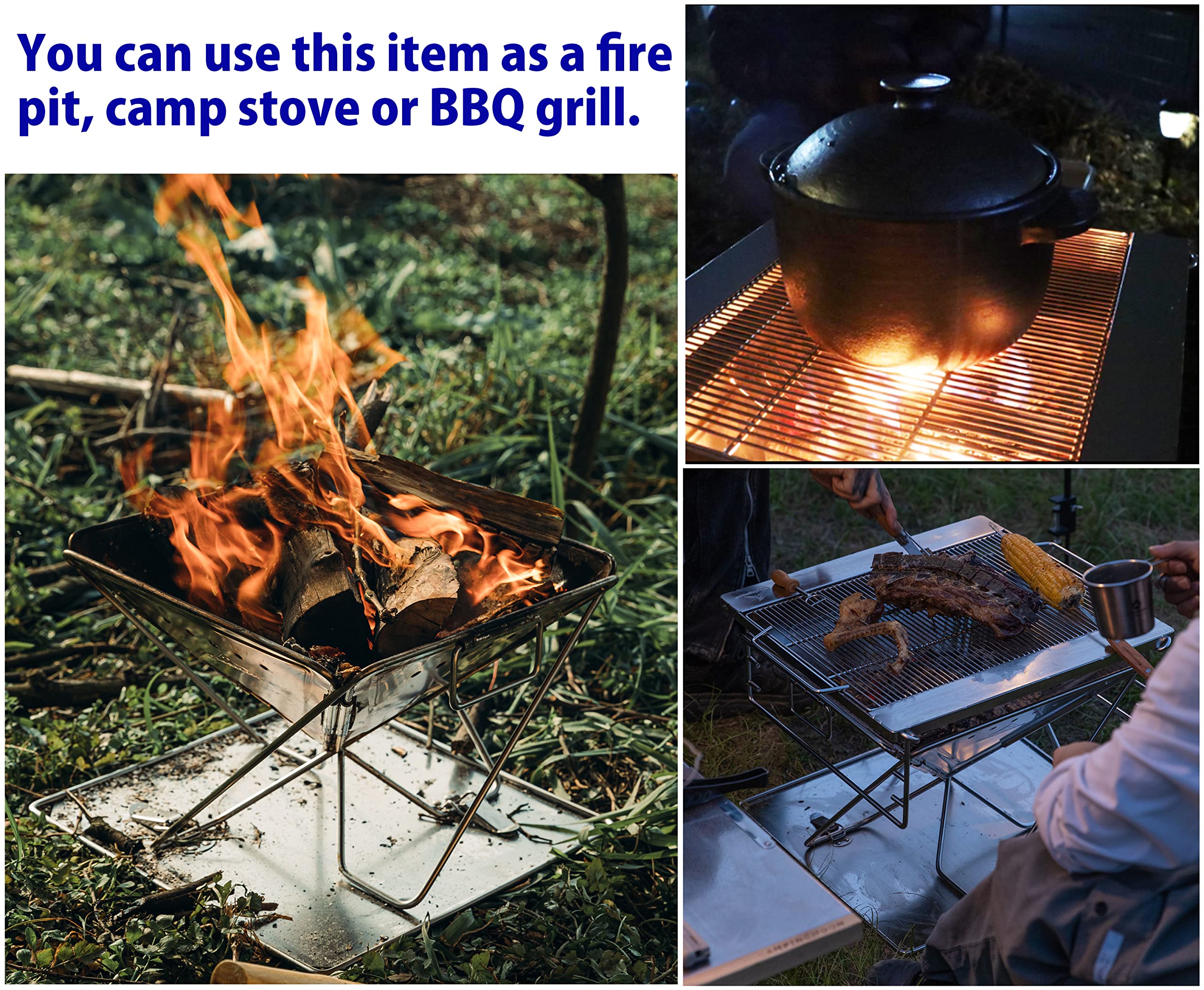 CAMPINGMOON 3-in-1 Portable Stainless Steel Wood Burning Grill & Fire Pit