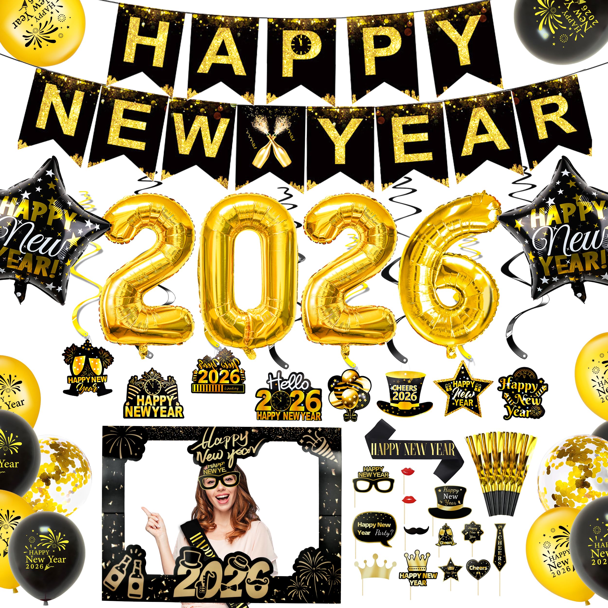 Abitoncc 2026 New Year Decorations Kit | Gold & Black NYE Party Supplies