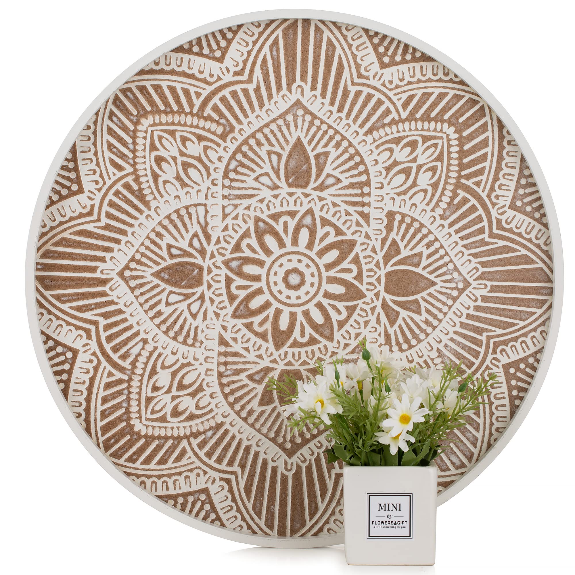 Hanobe 18" Round Wood Ottoman Tray – Rustic Floral Coffee Table Decor