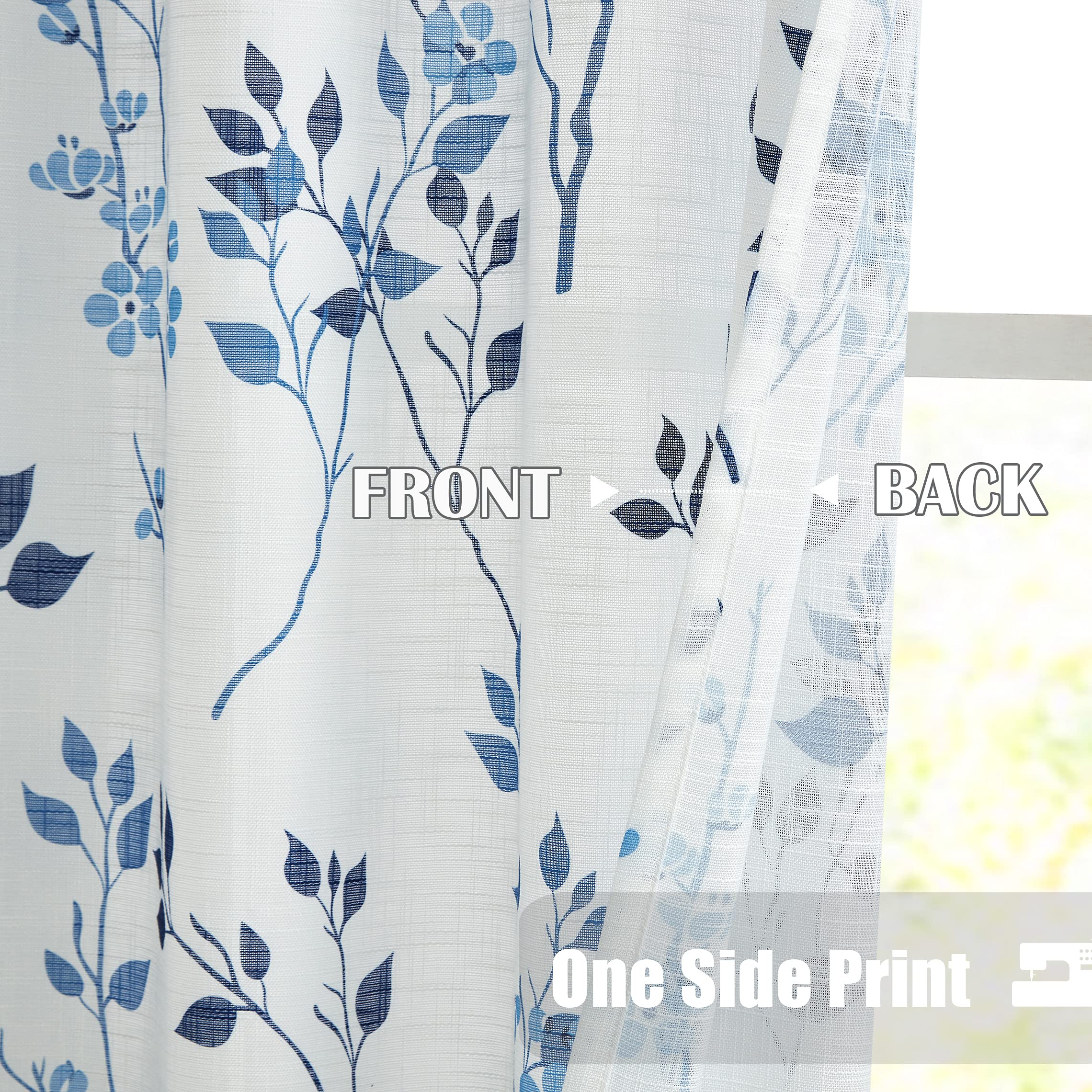 Beauoop Navy Blue Floral Semi Sheer Curtains – Linen Textured 2 Panels