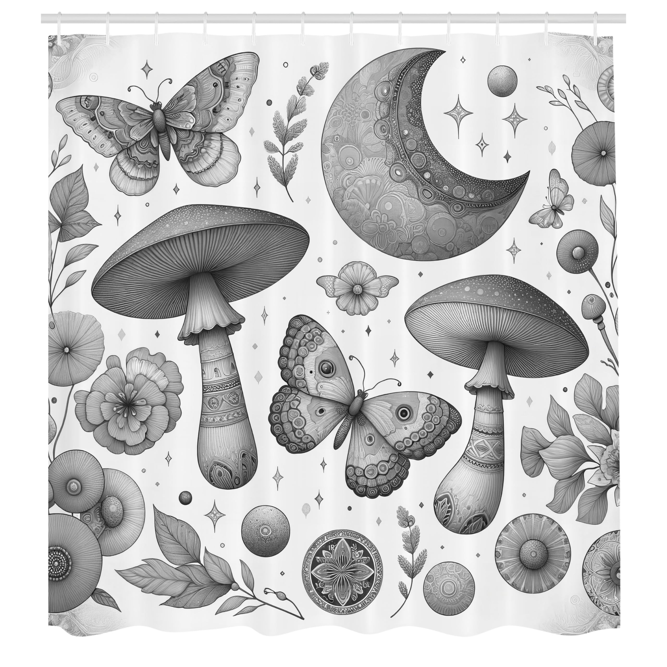 ABAKUHAUS Medieval Moth Fabric Shower Curtain - Waterproof Grey Decor