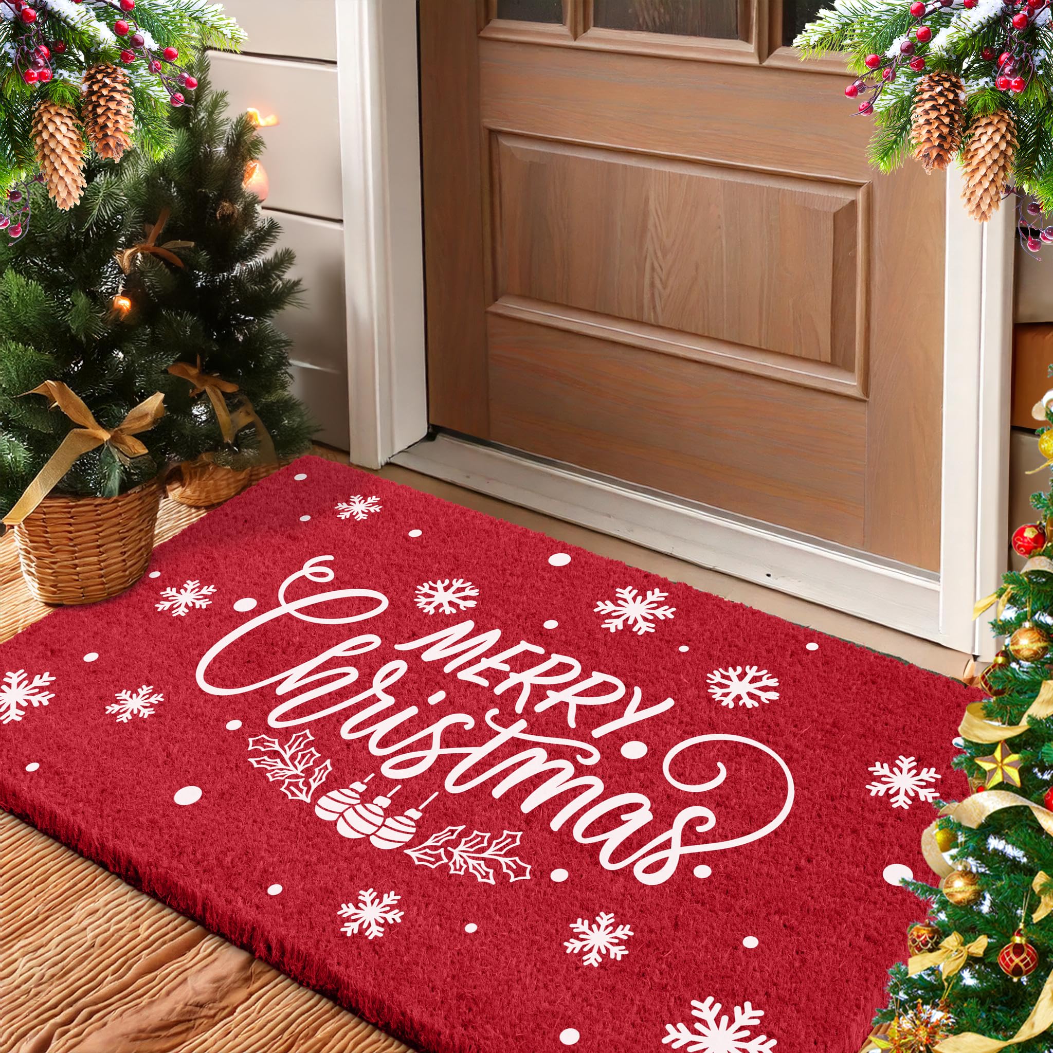 LuxUrux Merry Christmas Coir Door Mat – Non-Slip Outdoor Entryway Rug