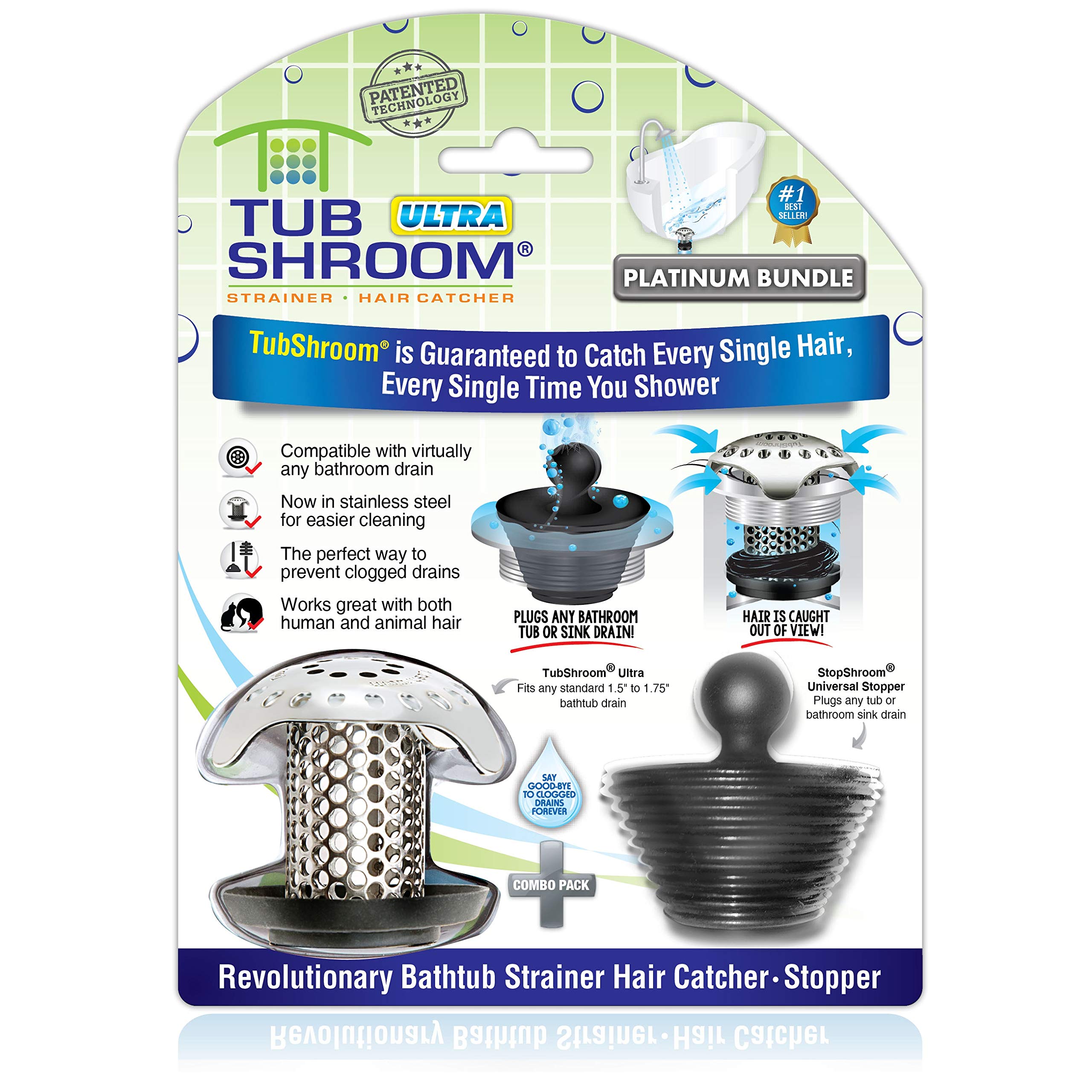TubShroom Ultra Stainless Steel Bathtub Hair Catcher Drain Protector