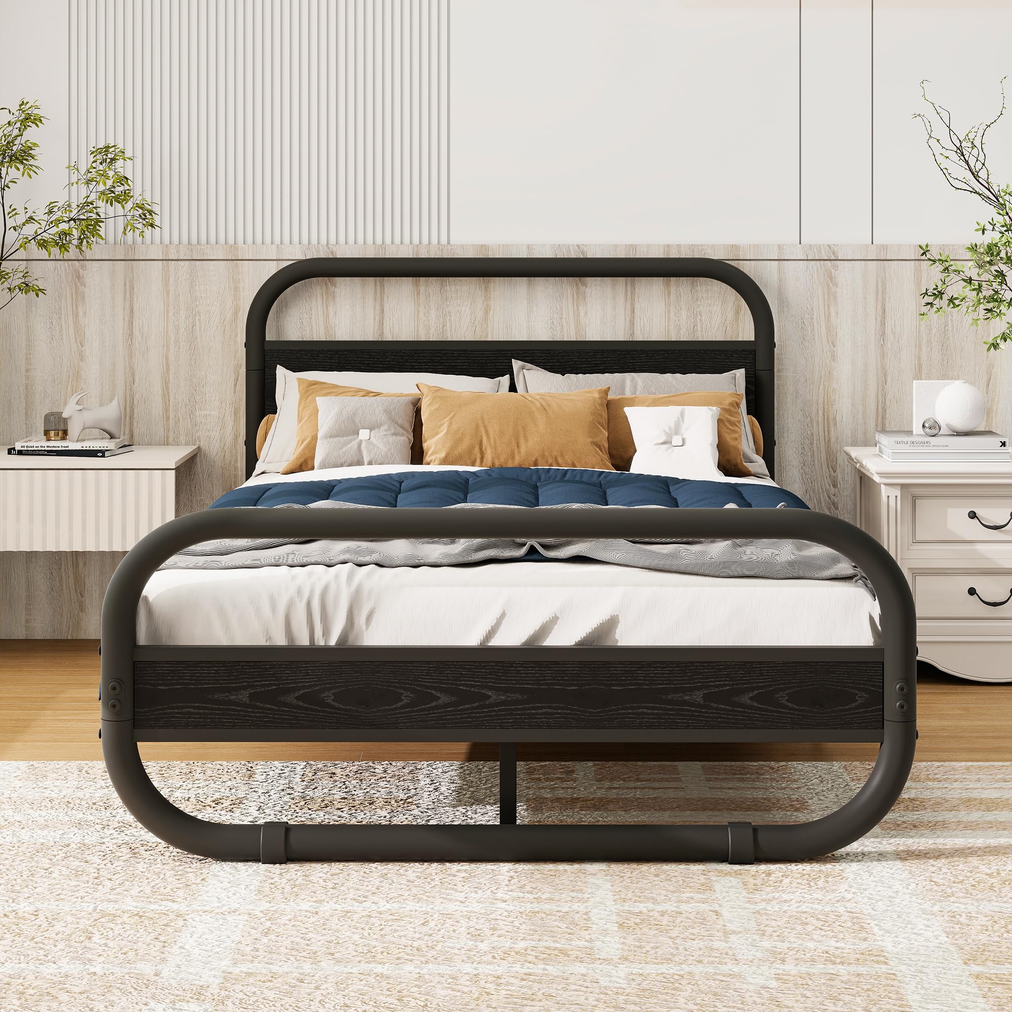 Diahomy Double Bed Frame – Metal Platform Bed with Wood Headboard