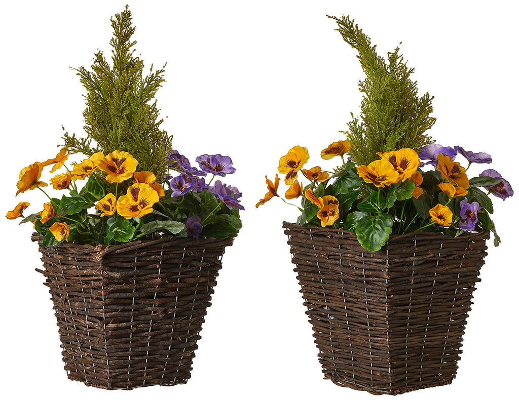 Jolof Store Artificial Rattan Patio Planters - Purple & Yellow Pansies (Set of 2)