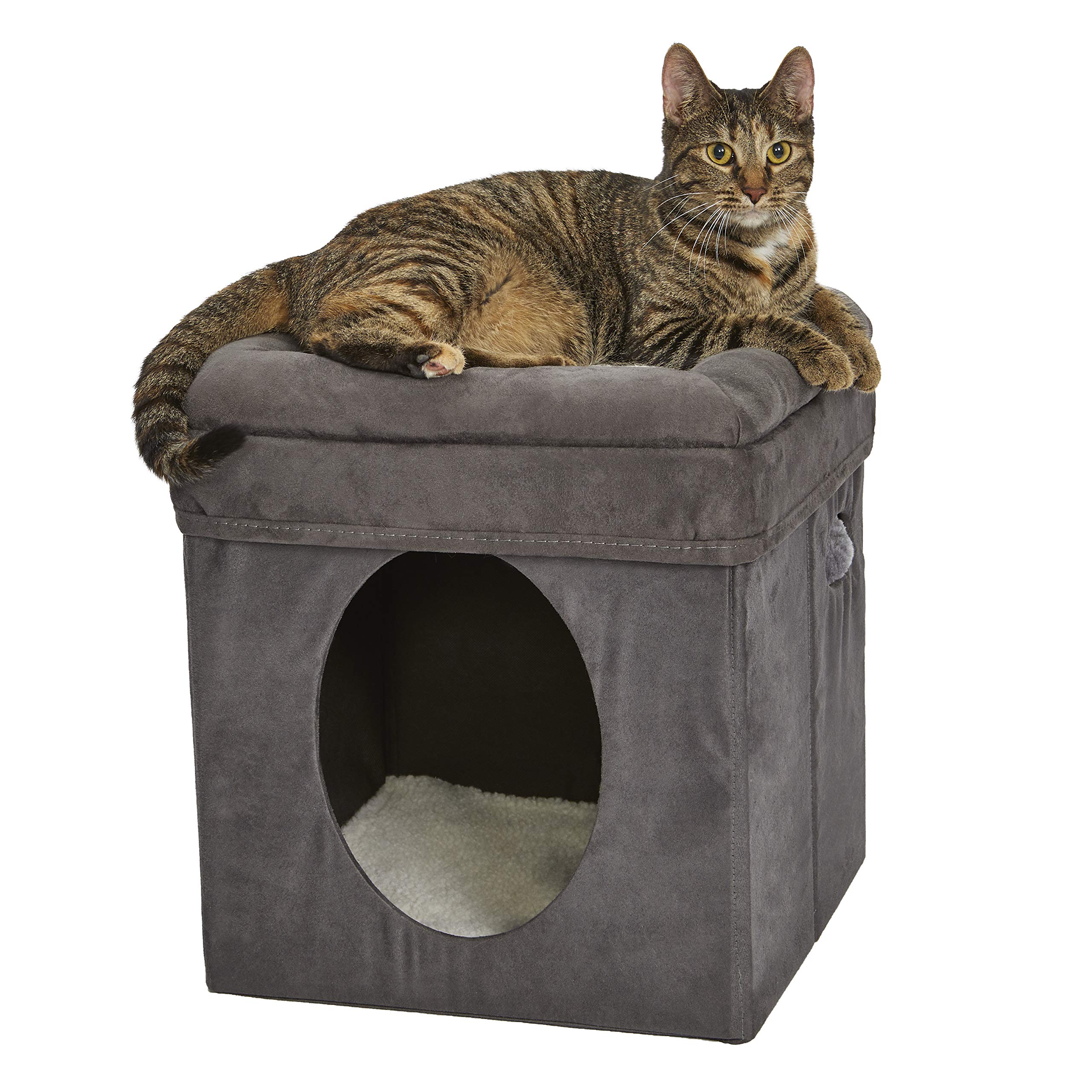 New World Cat Cube with Bed Topper – Collapsible Gray Pet Hideaway