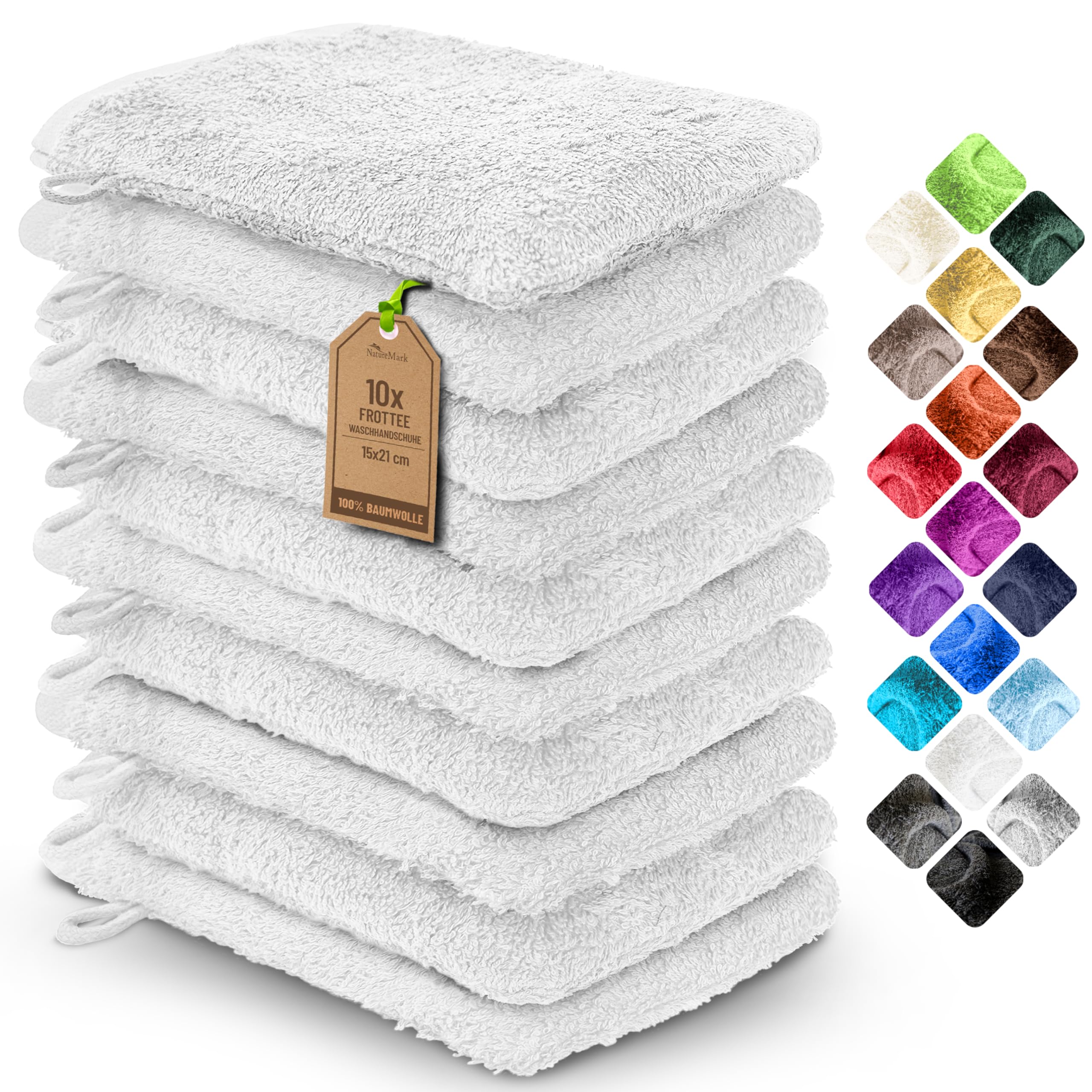 NatureMark 10-Pack Cotton Bath Gloves | 15x21cm Exfoliating Mitts, White