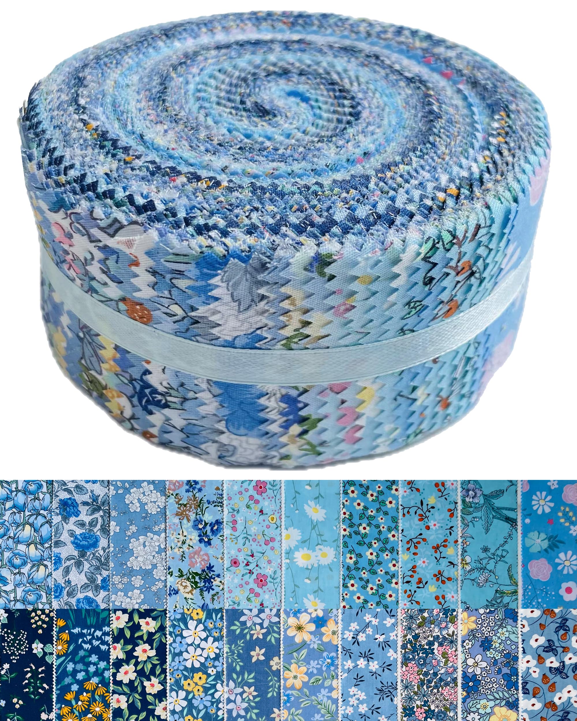 Blue Floral Jelly Roll Fabric - 40 Pre-Cut 100% Cotton Strips