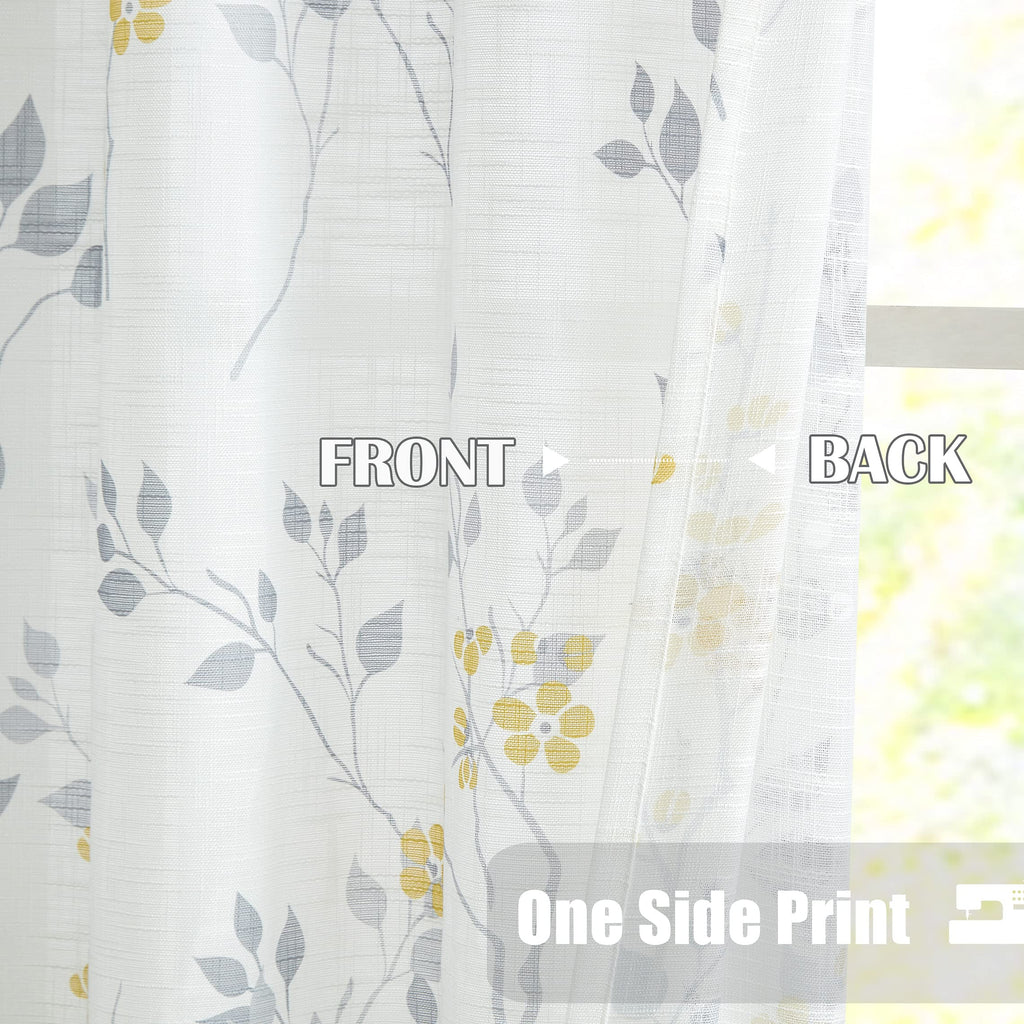 Beauoop Yellow Grey Floral Semi Sheer Linen Curtains - 90 Inch Drop