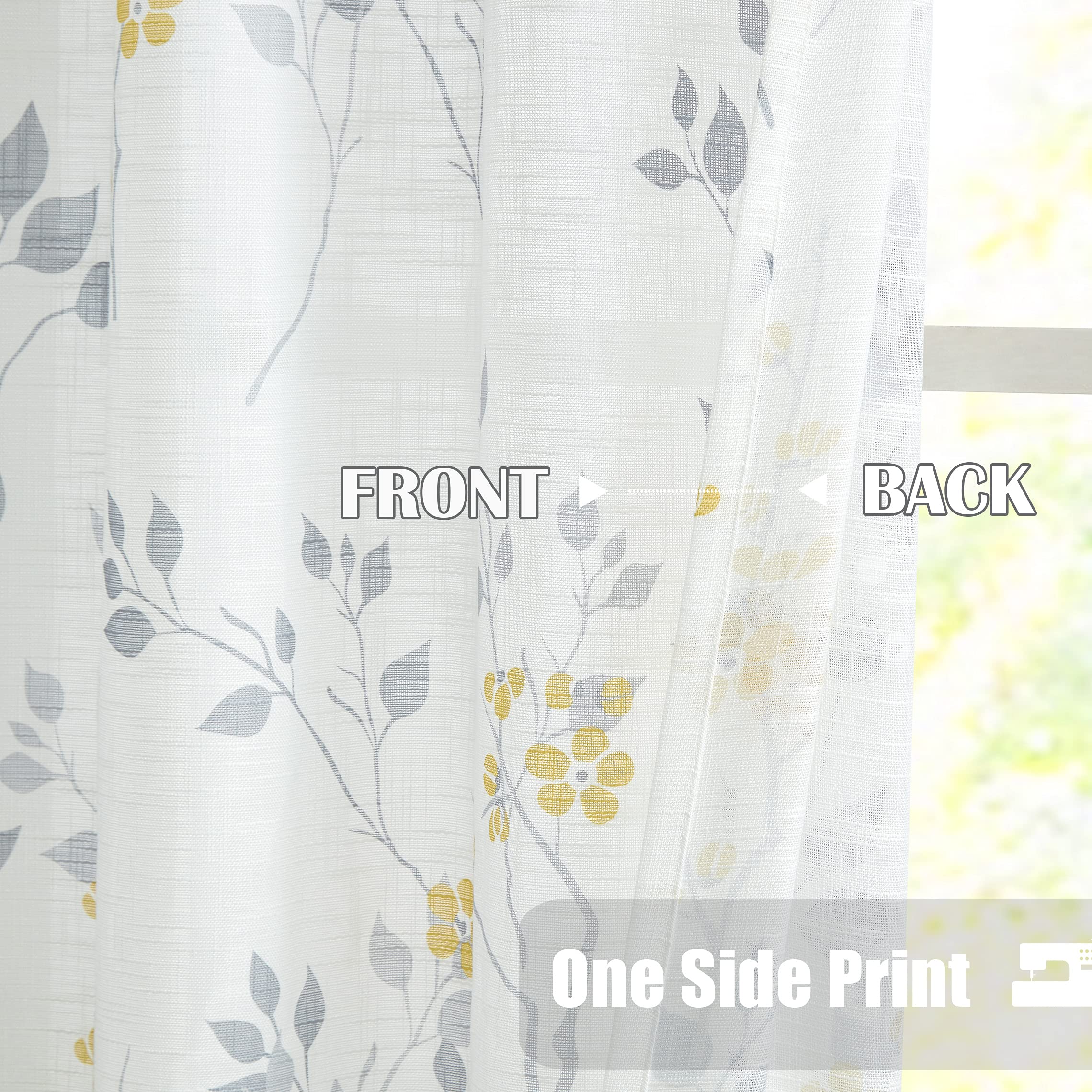 Beauoop Yellow Grey Floral Semi Sheer Linen Curtains - 90 Inch Drop