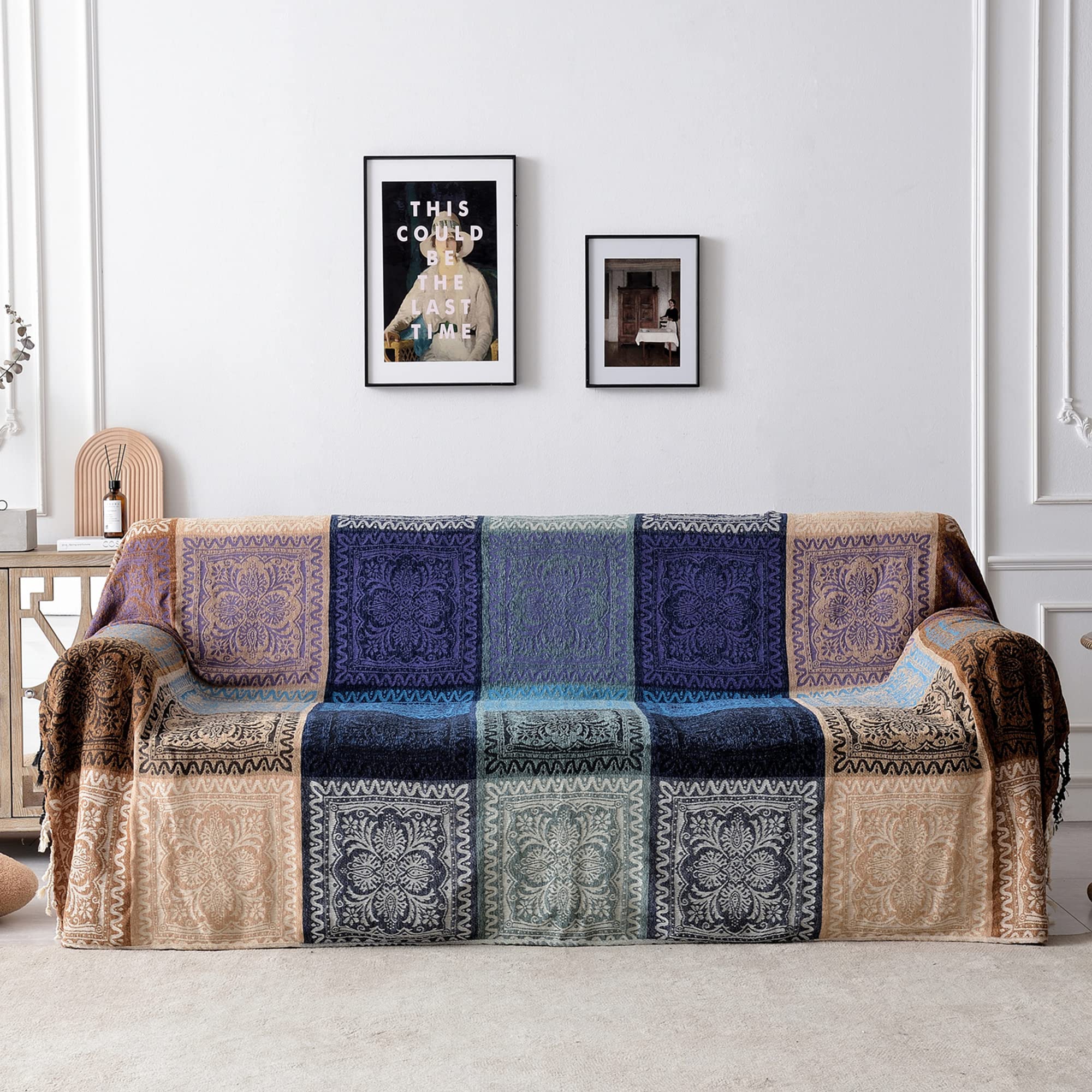 Edcooy Boho Chenille Throw Blanket – Colorful Tassel Sofa & Chair Cover