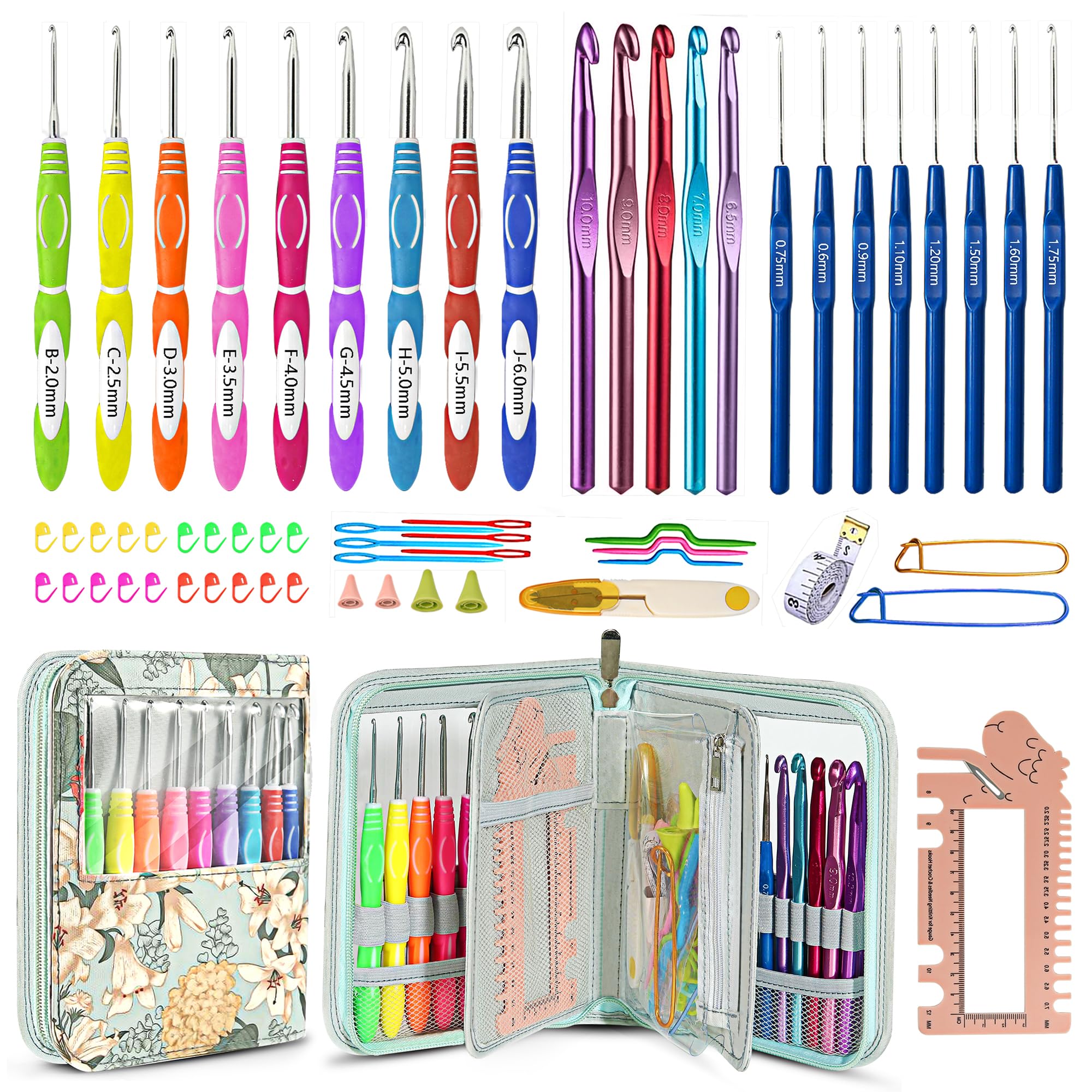 61Pcs Ergonomic Crochet Hooks Set with Case - Green