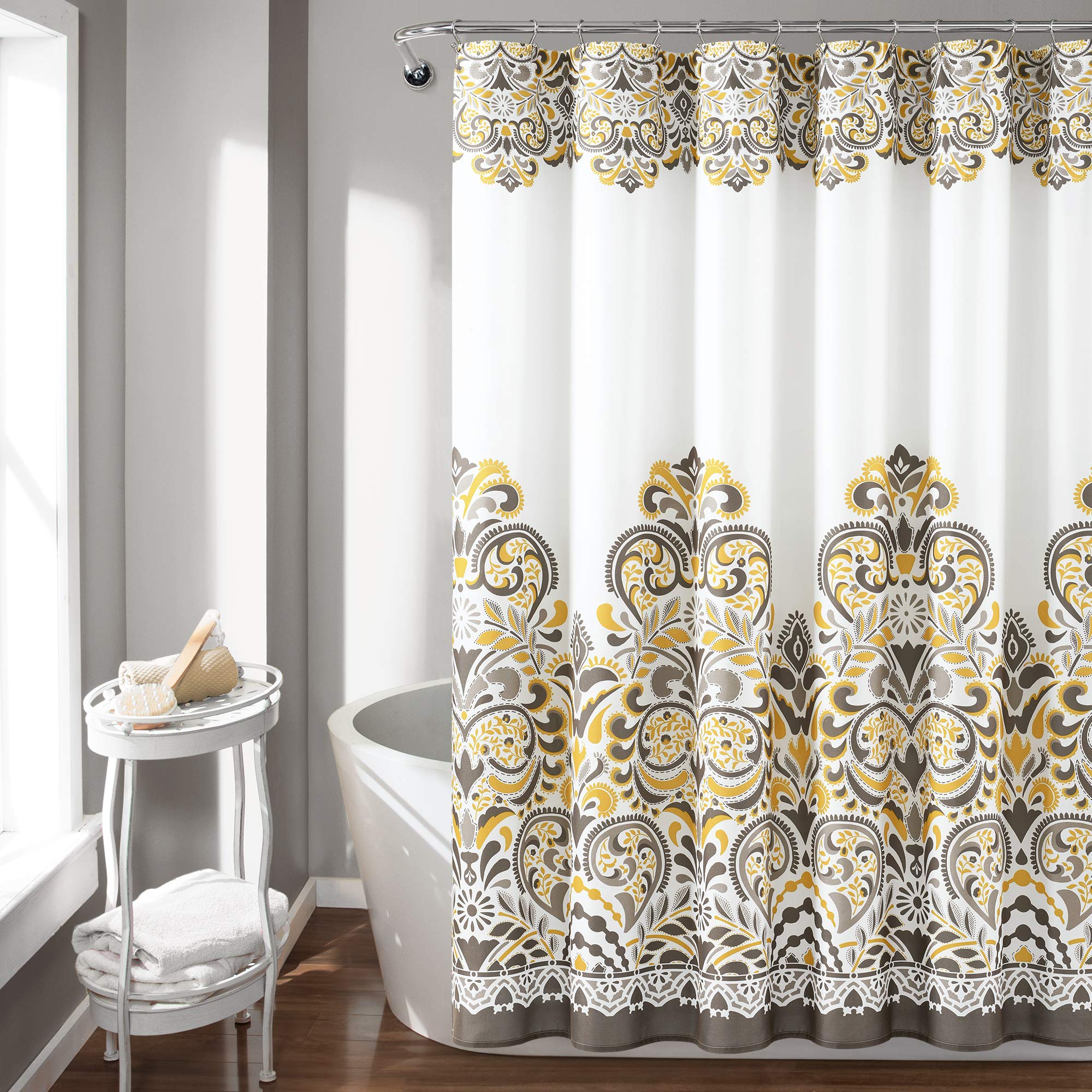 Lush Decor Clara Shower Curtain – Boho Paisley Damask Fabric, 72x72 Yellow
