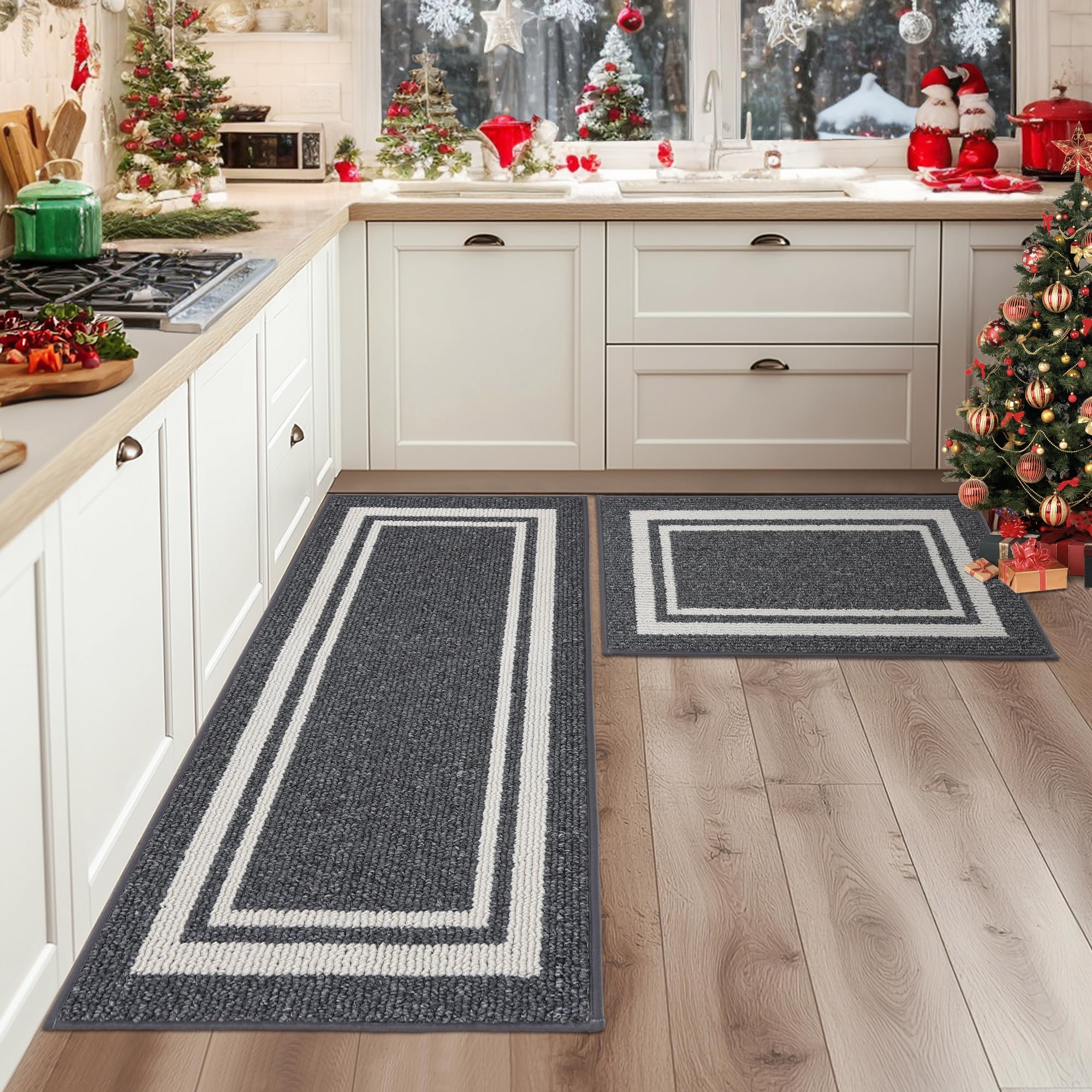 COSY HOMEER Kitchen Rugs 2-Piece Set | Non-Slip Washable Floor Mats – Grey