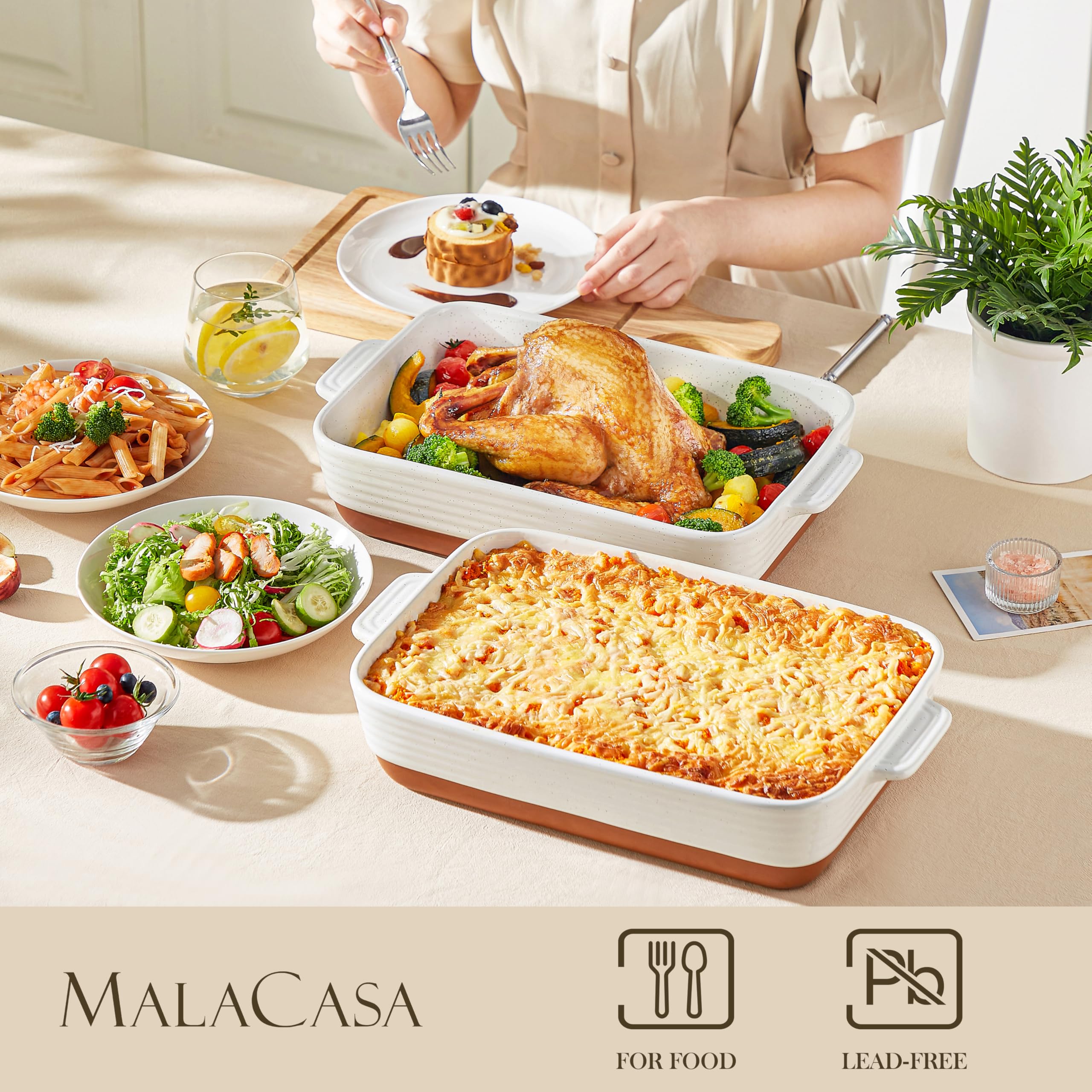 MALACASA 9x13 Ceramic Casserole Dish – Deep Rectangular Lasagna Pan, Khaki