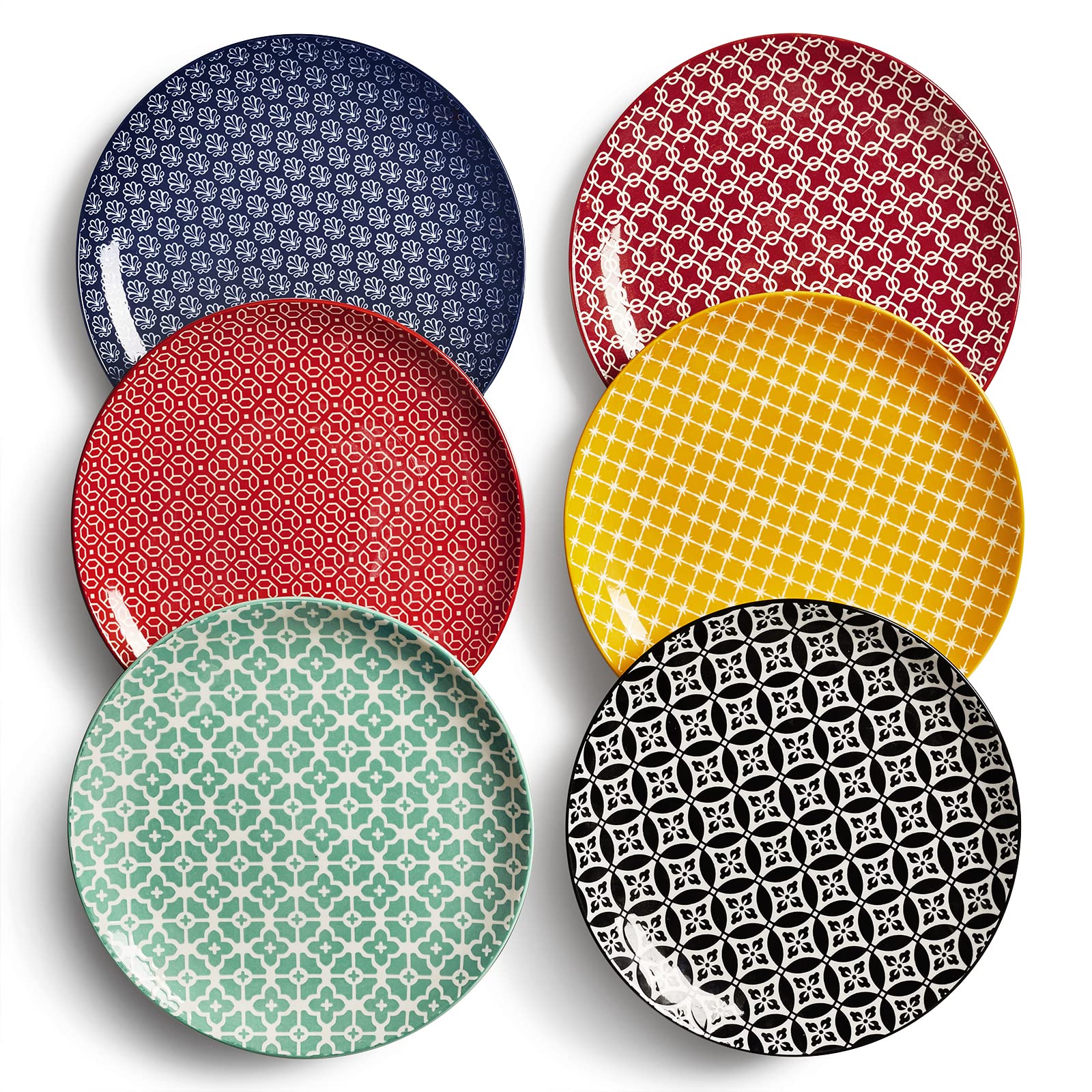 DOWAN 21.6cm Ceramic Side Plates – Set of 6 Colorful Geometric Dessert Plates