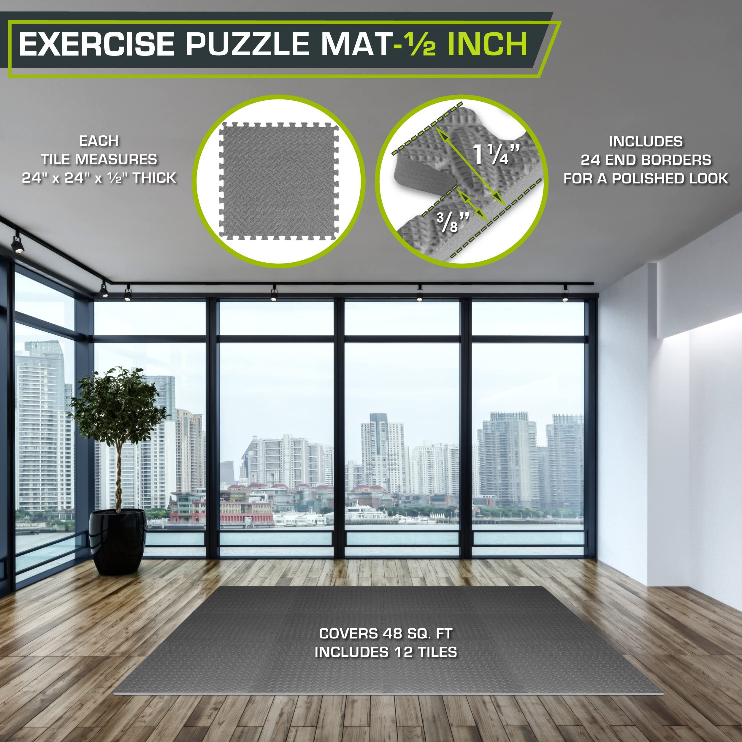 ProsourceFit Puzzle Exercise Mat – 1/2 in EVA Foam Floor Tiles, 48 Sq Ft
