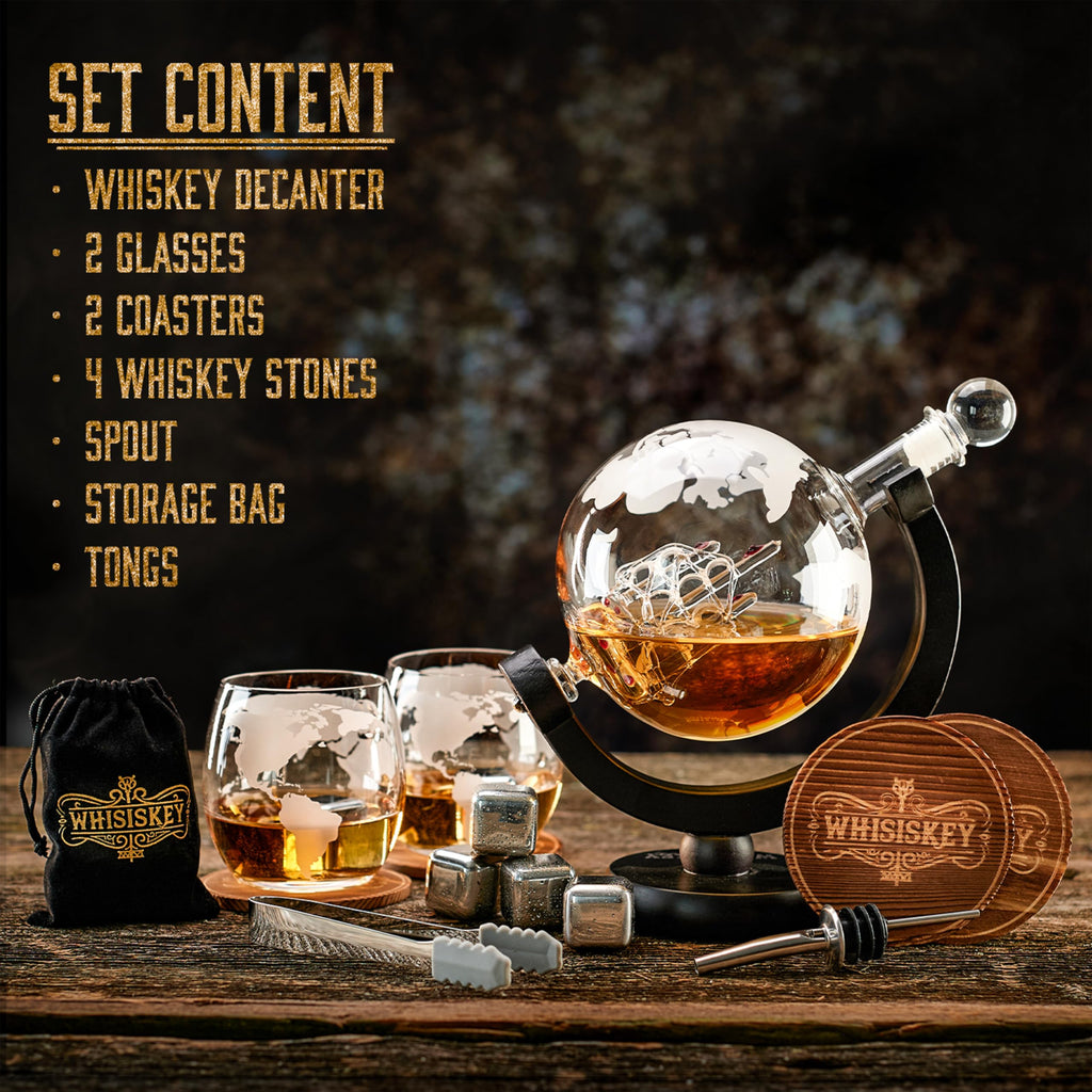 Whisiskey Globe Whiskey Decanter Set – 900ml Carafe with 2 Glasses