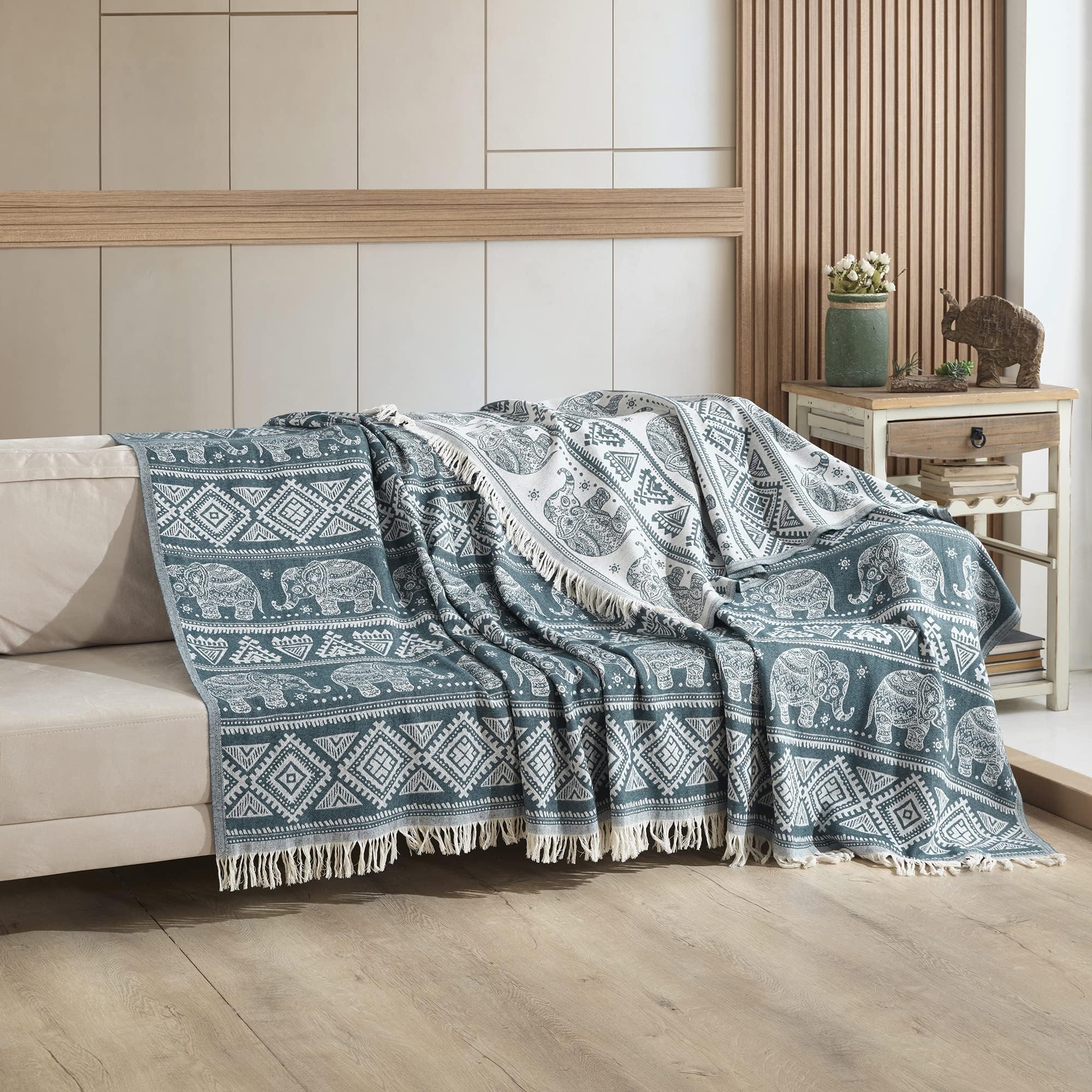 Milam London Elephant Boho Throw - 100% Organic Cotton King Bedspread