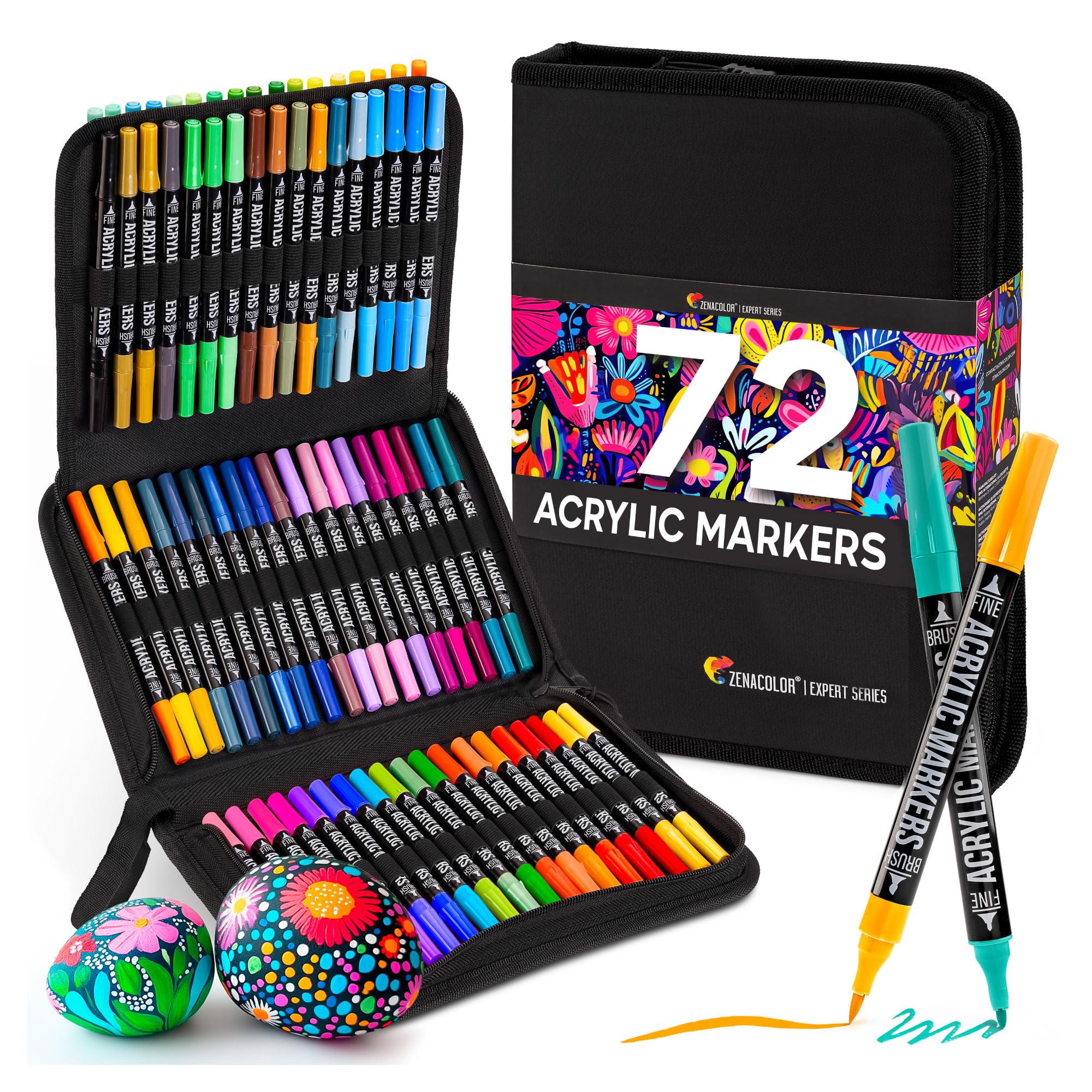 Zenacolor 72 Acrylic Paint Pens - Double Tip Waterproof Markers for Stones