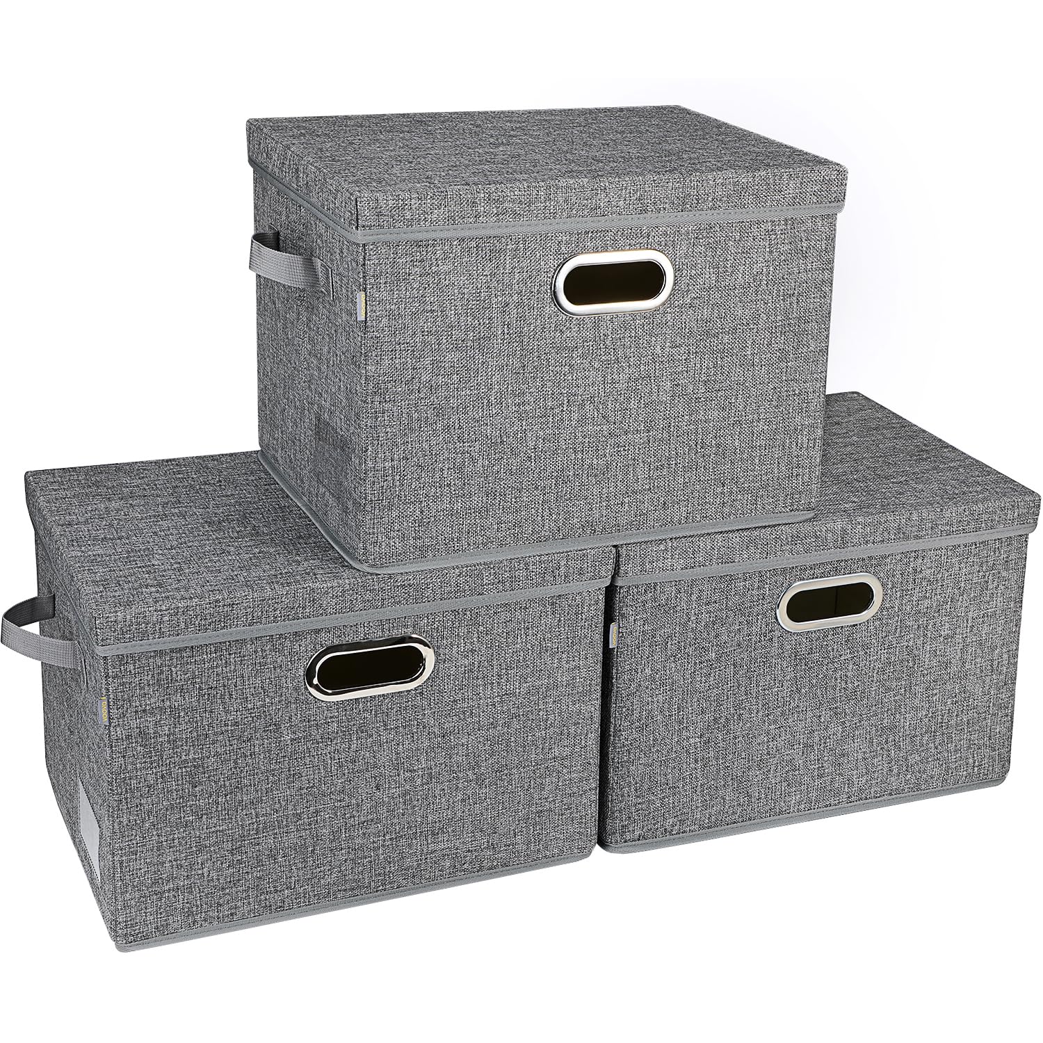 Voova 3-Pack Large Linen Fabric Storage Bins with Lids – Stackable Organizers