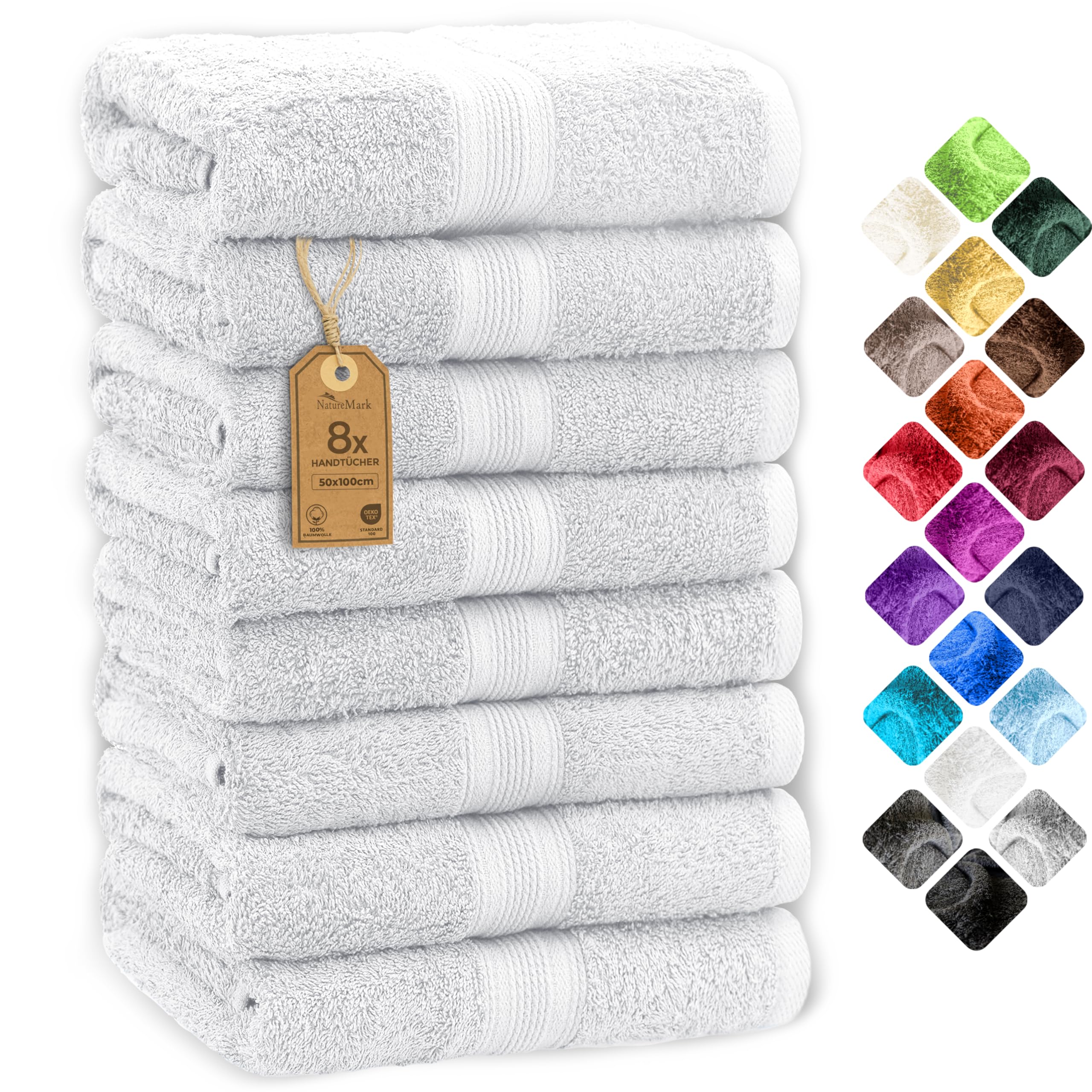 NatureMark 8-Piece Hand Towel Set | 100% Cotton 500 GSM | White