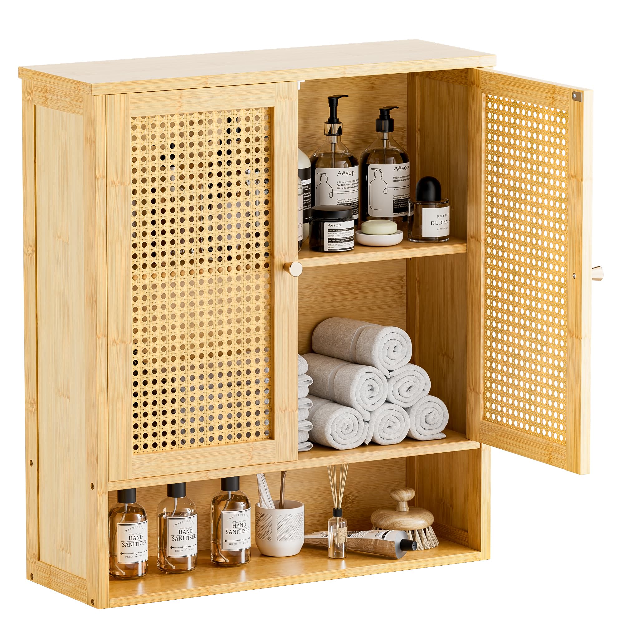 HITNET Rattan Bathroom Wall Cabinet – Bamboo Medicine Storage with Shelves