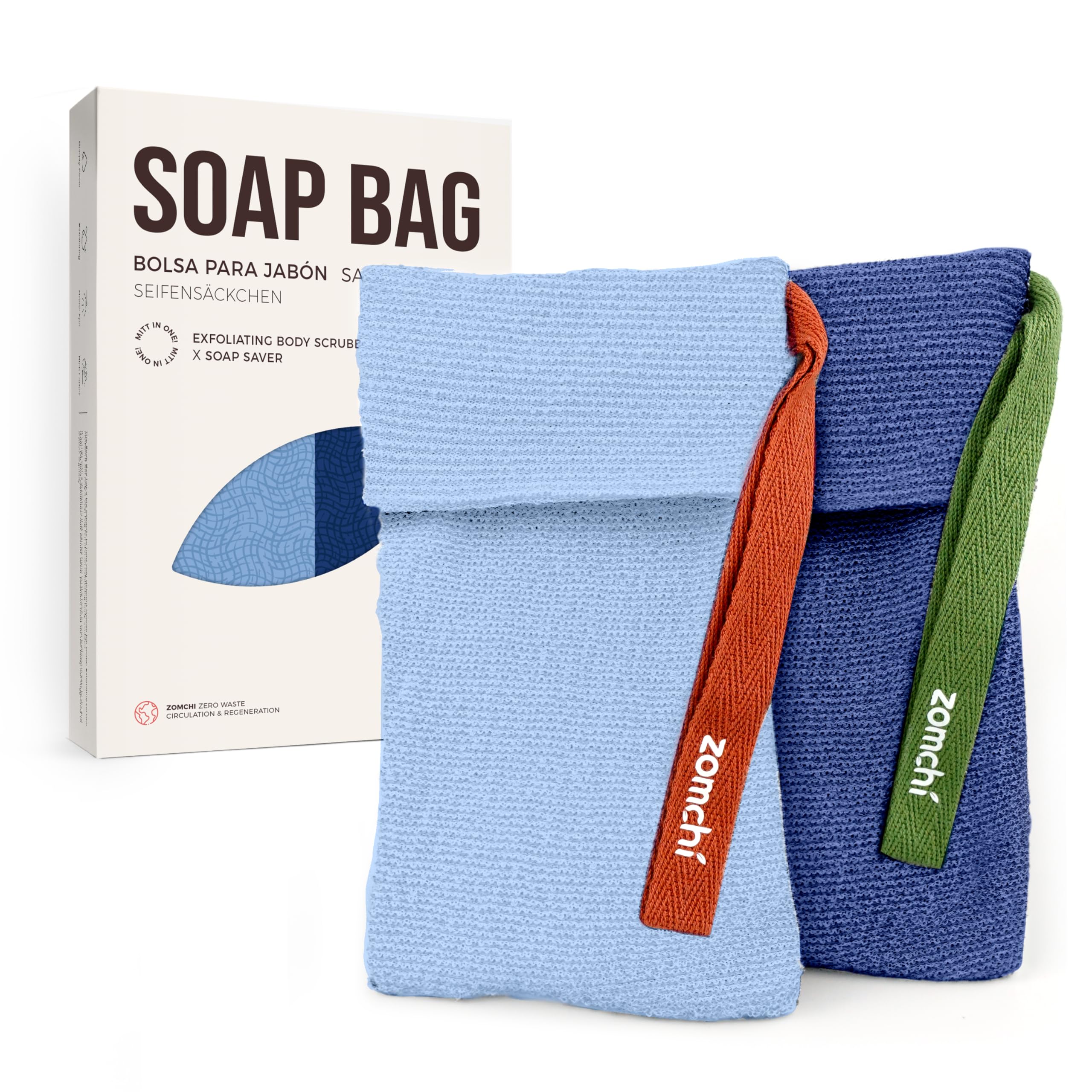 ZOMCHI 2-Piece Exfoliating Soap Saver Bags | Nylon Body Scrubber (Blue)