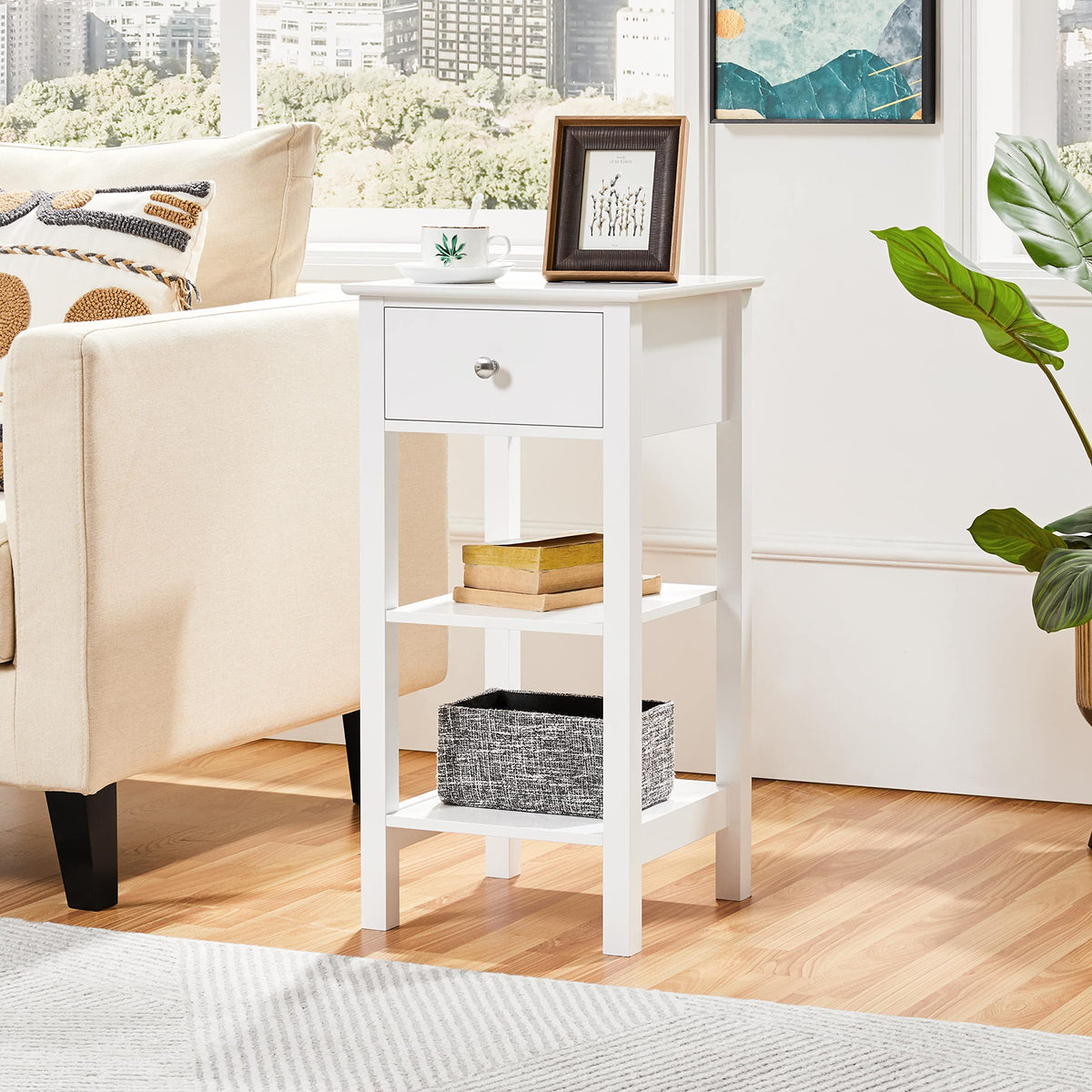 Yaheetech Bedside Table with Drawer and 2 Open Shelves, White - image 3