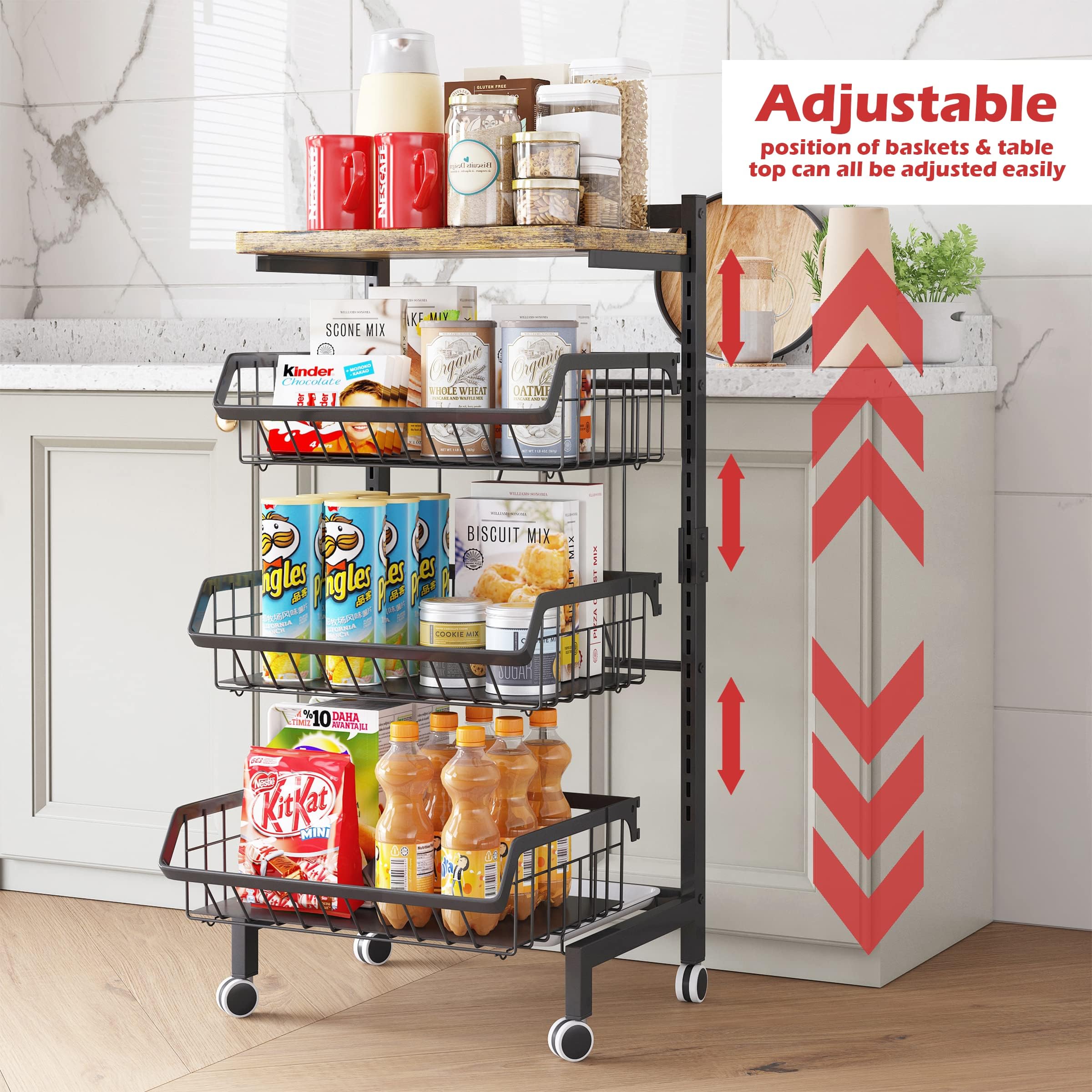 UMDONX 4-Tier Kitchen Vegetable Storage Trolley | Black Metal Rolling Cart