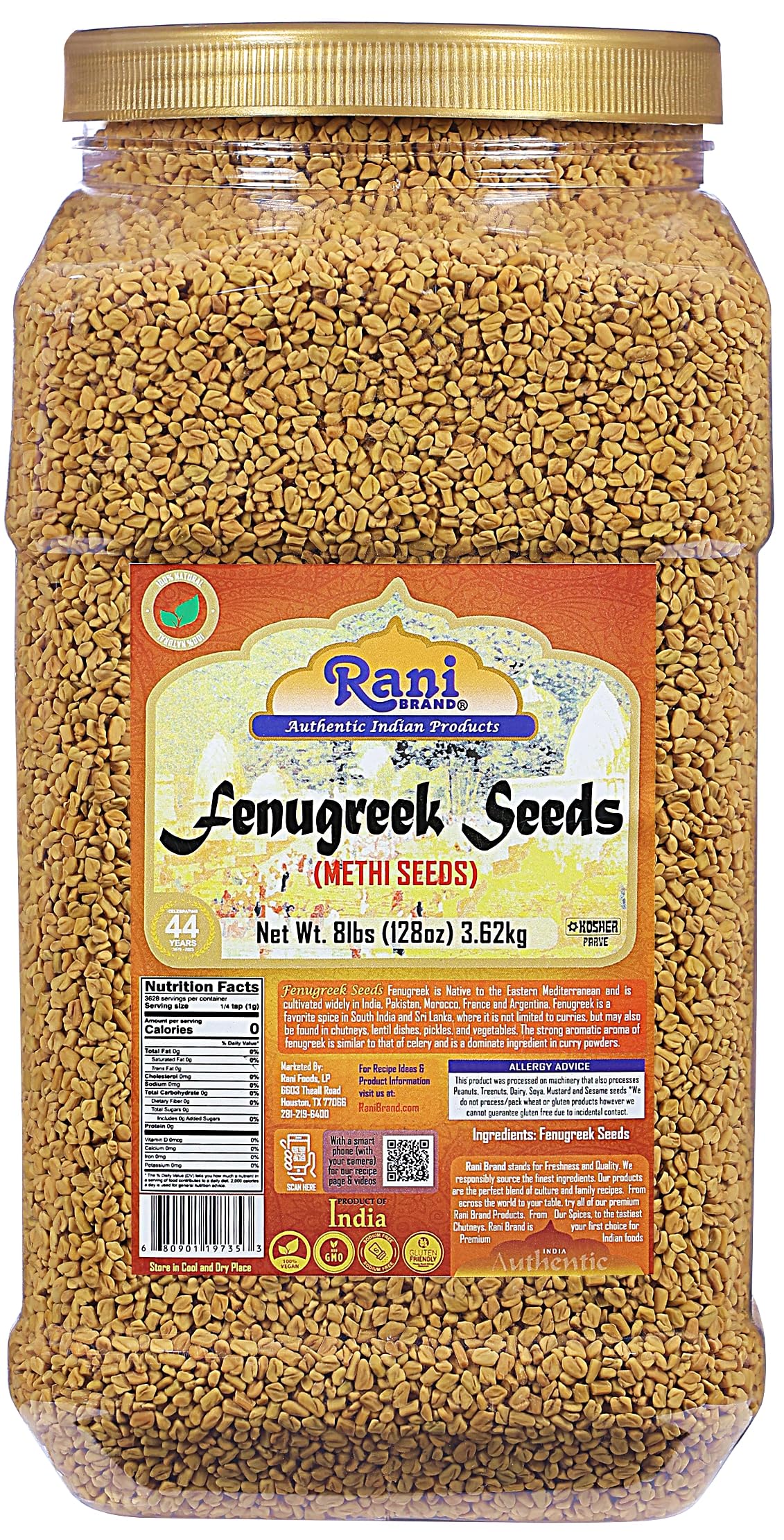 Rani Whole Fenugreek (Methi) Seeds - 8lbs Bulk Jar, All Natural & Non-GMO