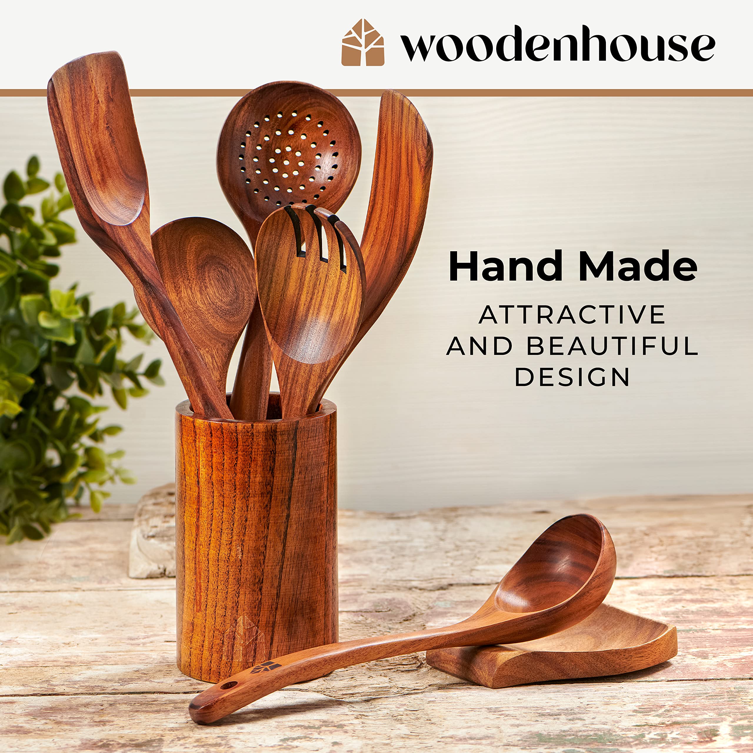 Woodenhouse Teak Wood Utensils Set - 12pc Cooking Spoons with Holder