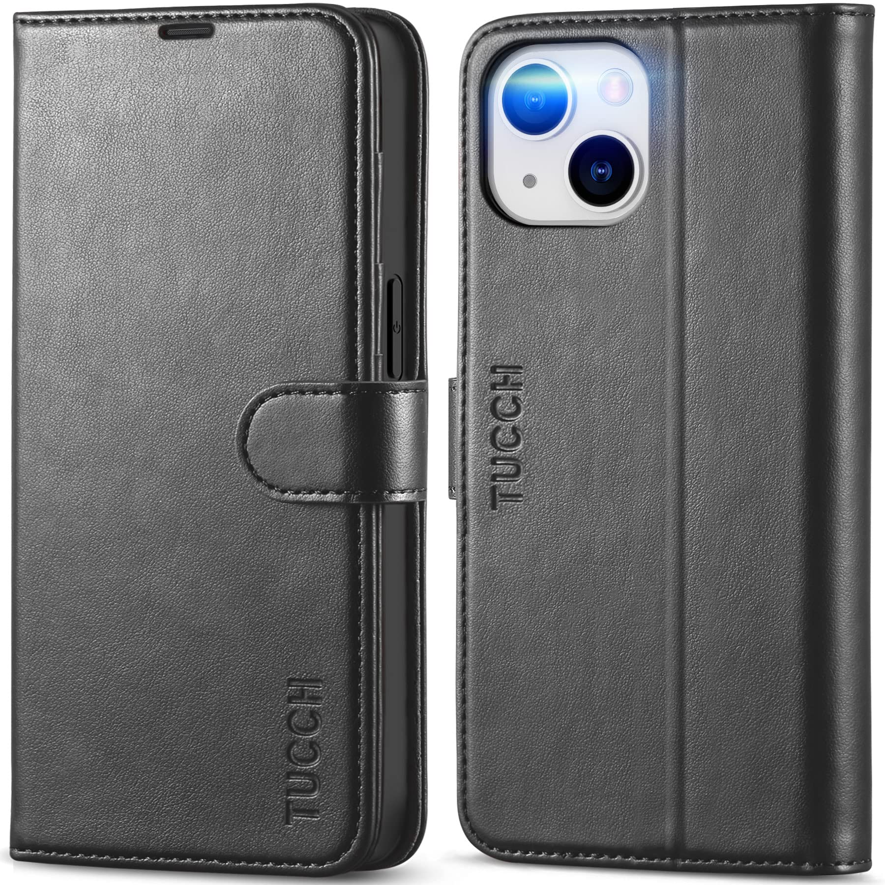 TUCCH iPhone 14 Case – PU Leather Wallet Folio with RFID Blocking, Black