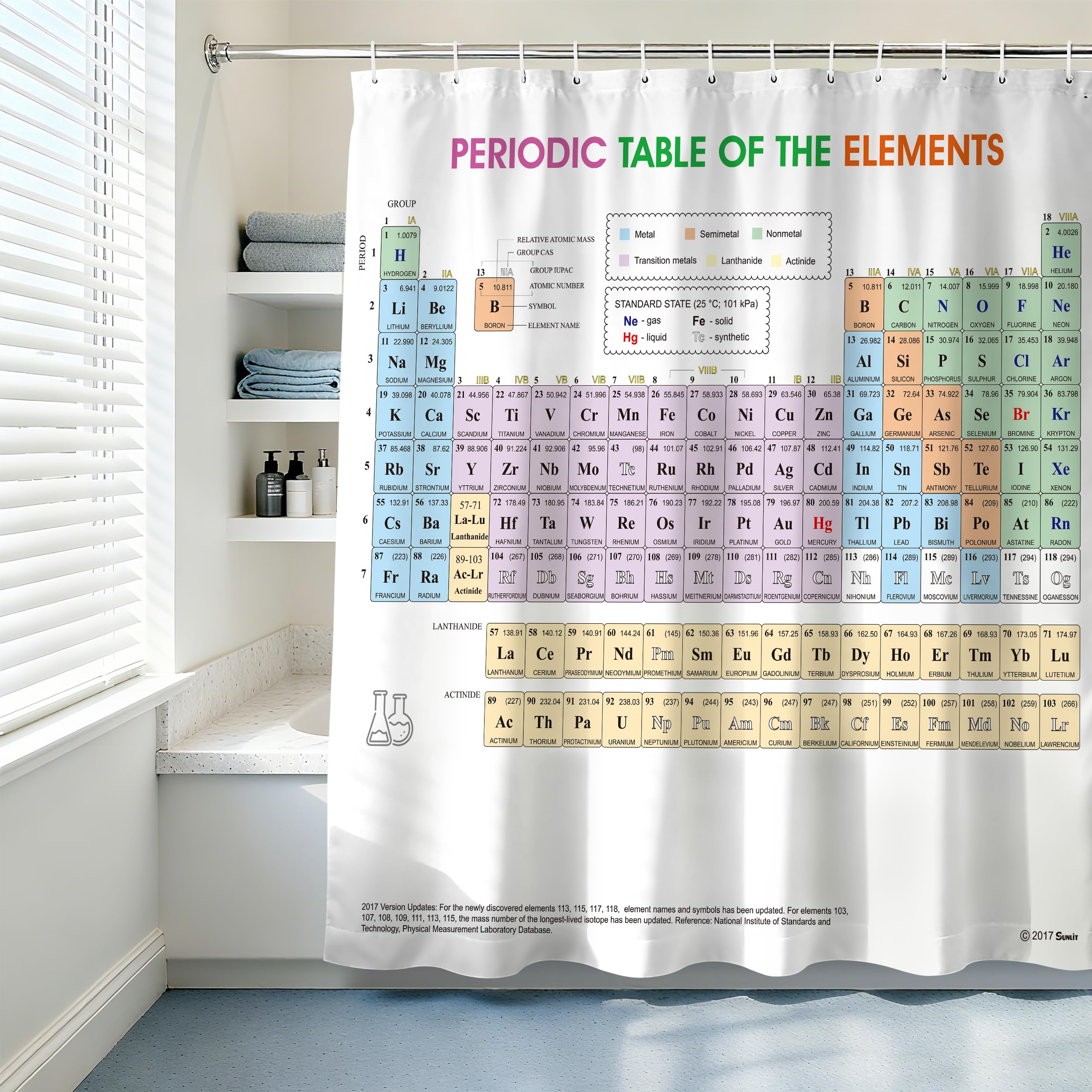Sunlit Periodic Table Fabric Shower Curtain – Updated Chemistry Decor 72x72
