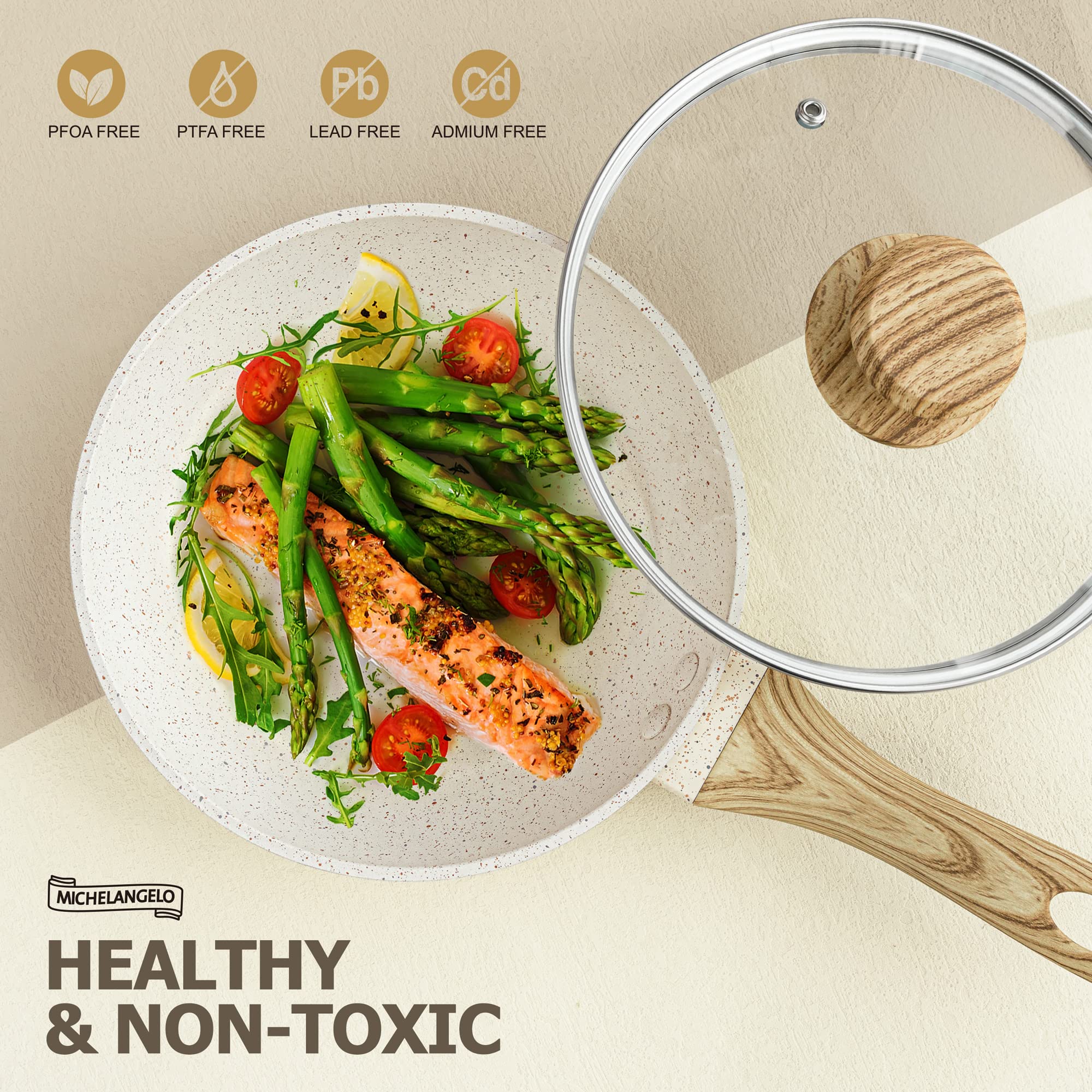 Michelangelo 30cm Nonstick Frying Pan with Lid | White Granite Skillet