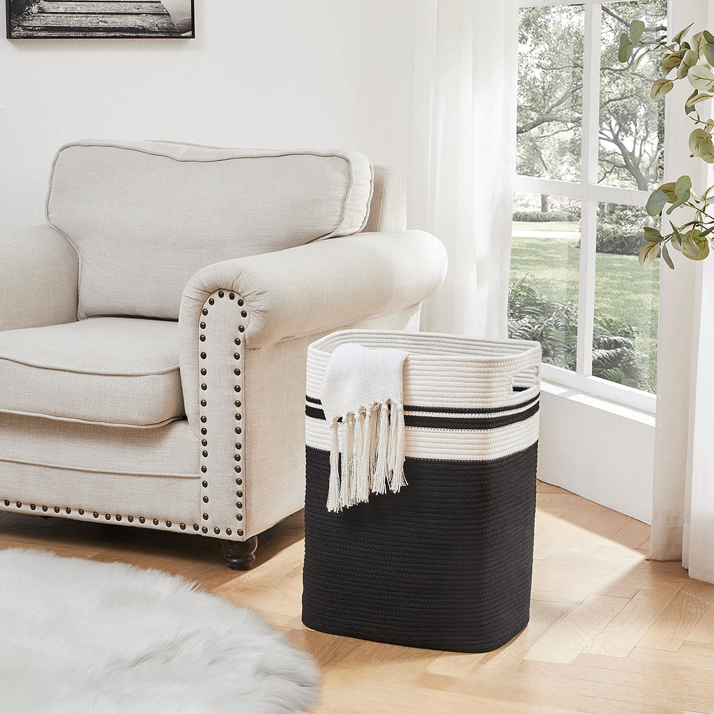 OIAHOMY Tall Cotton Laundry Hamper | Large Woven Storage Basket - Black