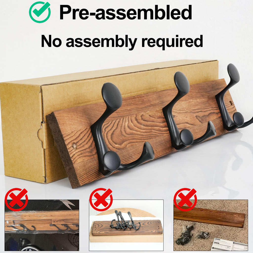 HONSKY Wall Mounted Coat Rack, 43cm Brown Pine Wood Base, 3 Black Sturdy Aluminium Alloy Triple Hooks 9 Hanging Points - image 4