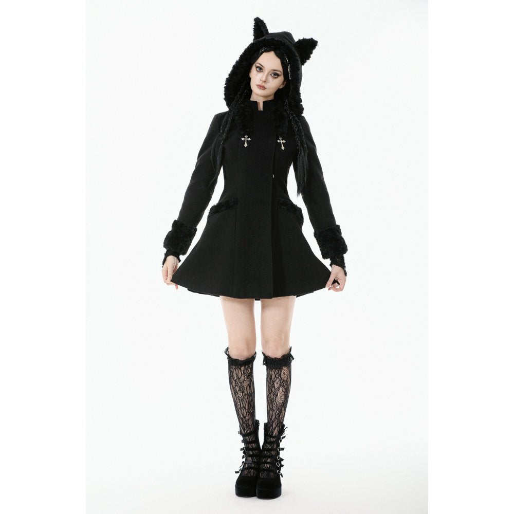 Dark in Love Cat-Ear Faux Fur Trim Gothic A-Line Skater Coat