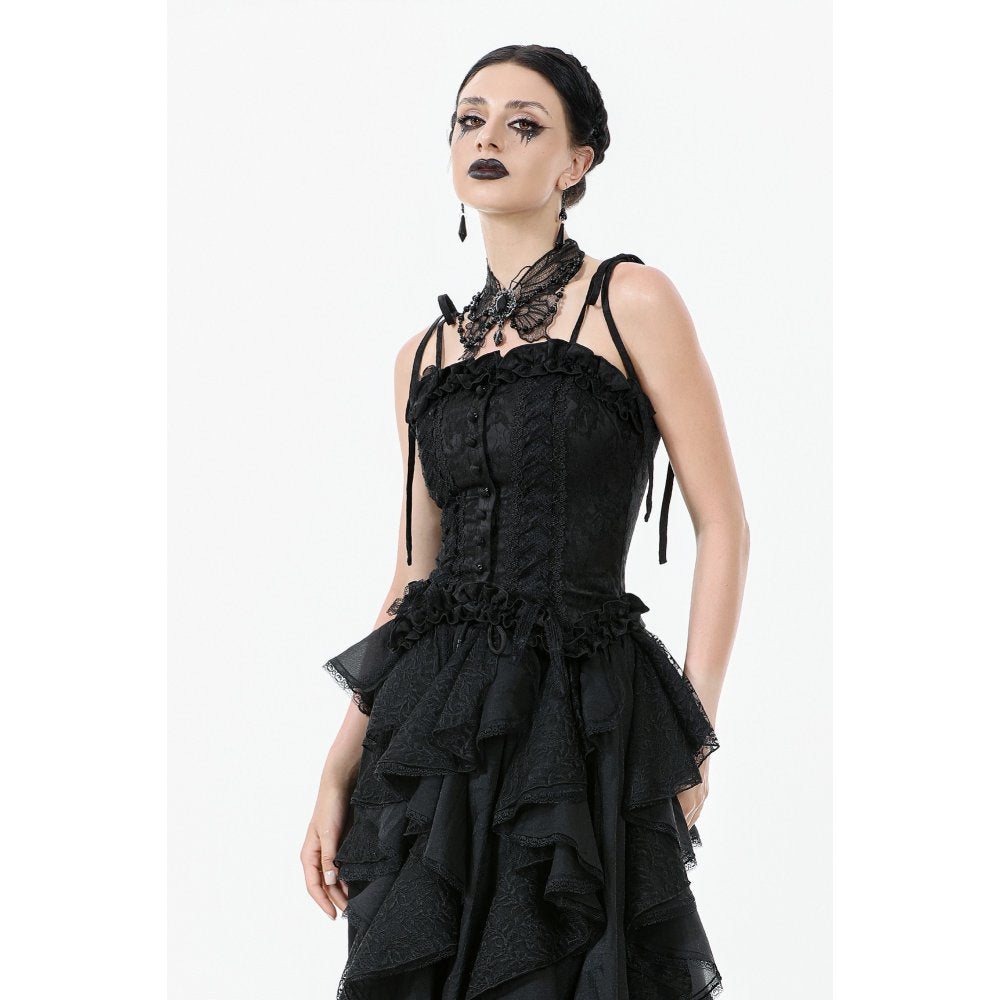 Dark in Love Selene Black Floral Jacquard Ruffled Corset Top