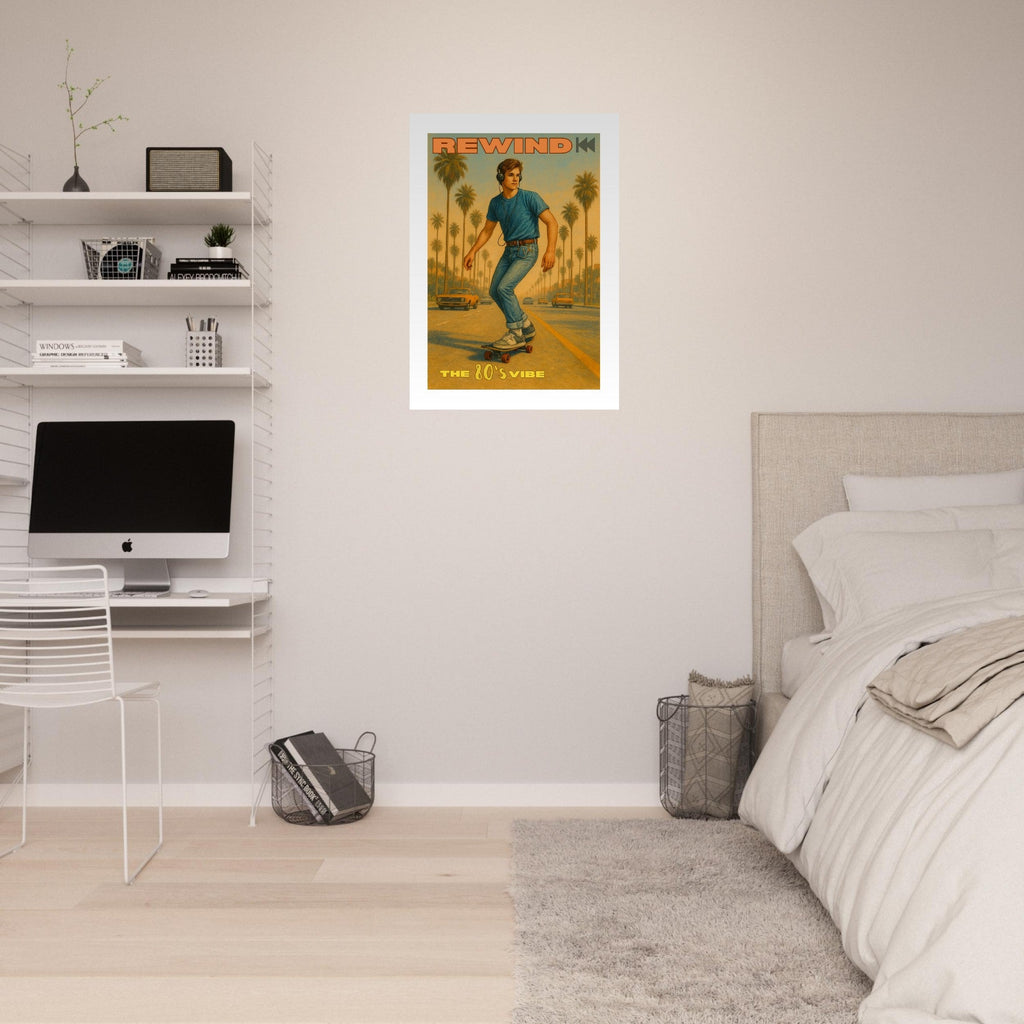 Retro 80's Vibe Poster – Skateboarder with Walkman | Vintage Wall Art