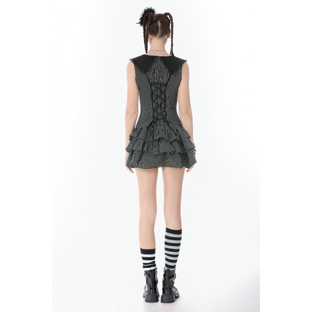 Dark in Love Vintage Striped Ruffle Tier Mini Dress | Gothic Cotton Gown