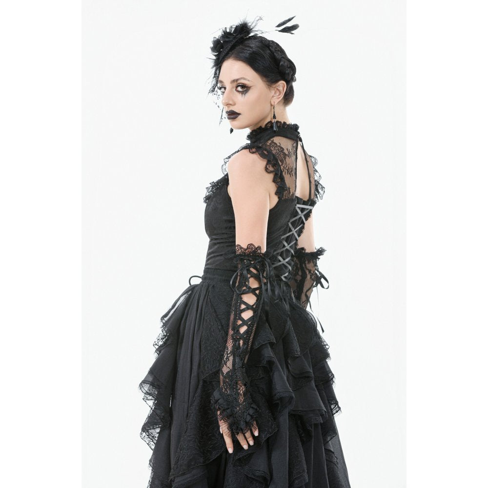 Dark in Love Seraphina Ruched Lace Goth Blouse - Black Satin