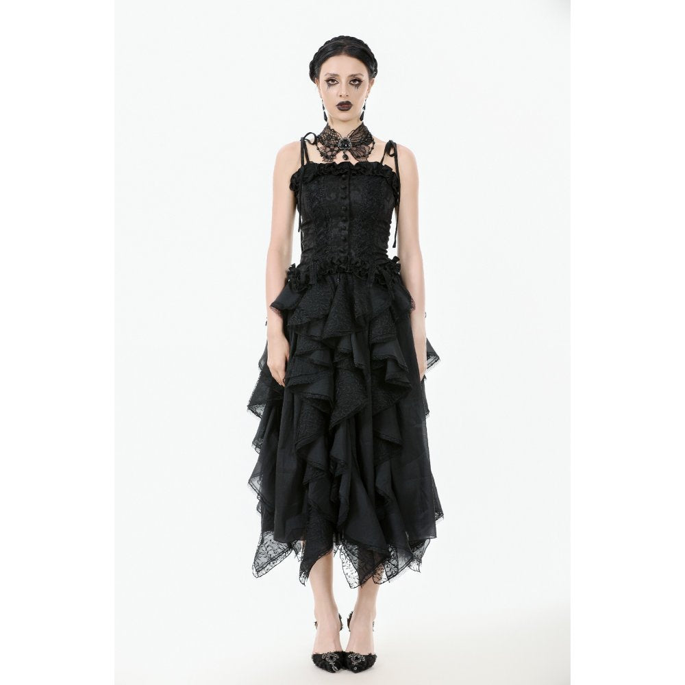 Dark in Love Morrigan Ruffled Goth Midi Skirt - Black Lace Asymmetric