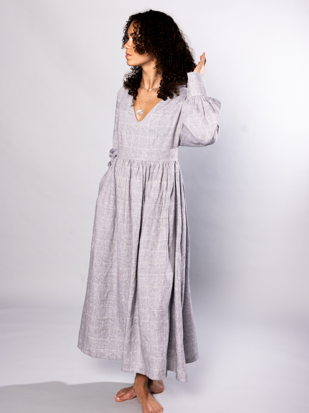 No More Nobody Michelle Maxi Dress – Organic Irish Linen Grey Check
