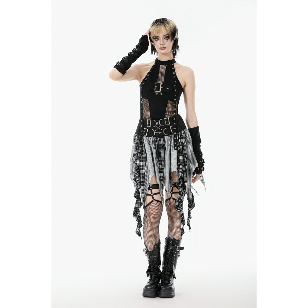 Dark in Love Bondage Mesh Panel Buckle Top – Black Punk Goth Halter