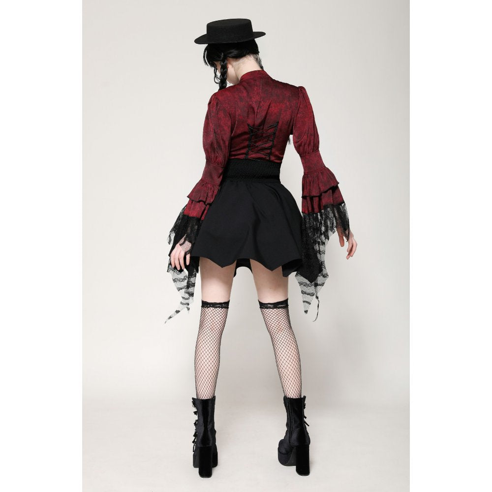 Dark in Love Vampiretta Red Distressed Frilly Blouse with Lace