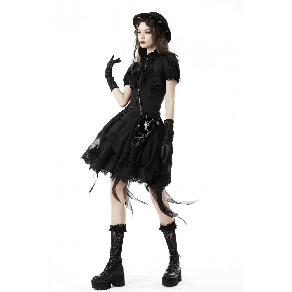 Dark In Love Sinead Black Gothic Blouse – Short Puff Sleeve Ruffle Collar